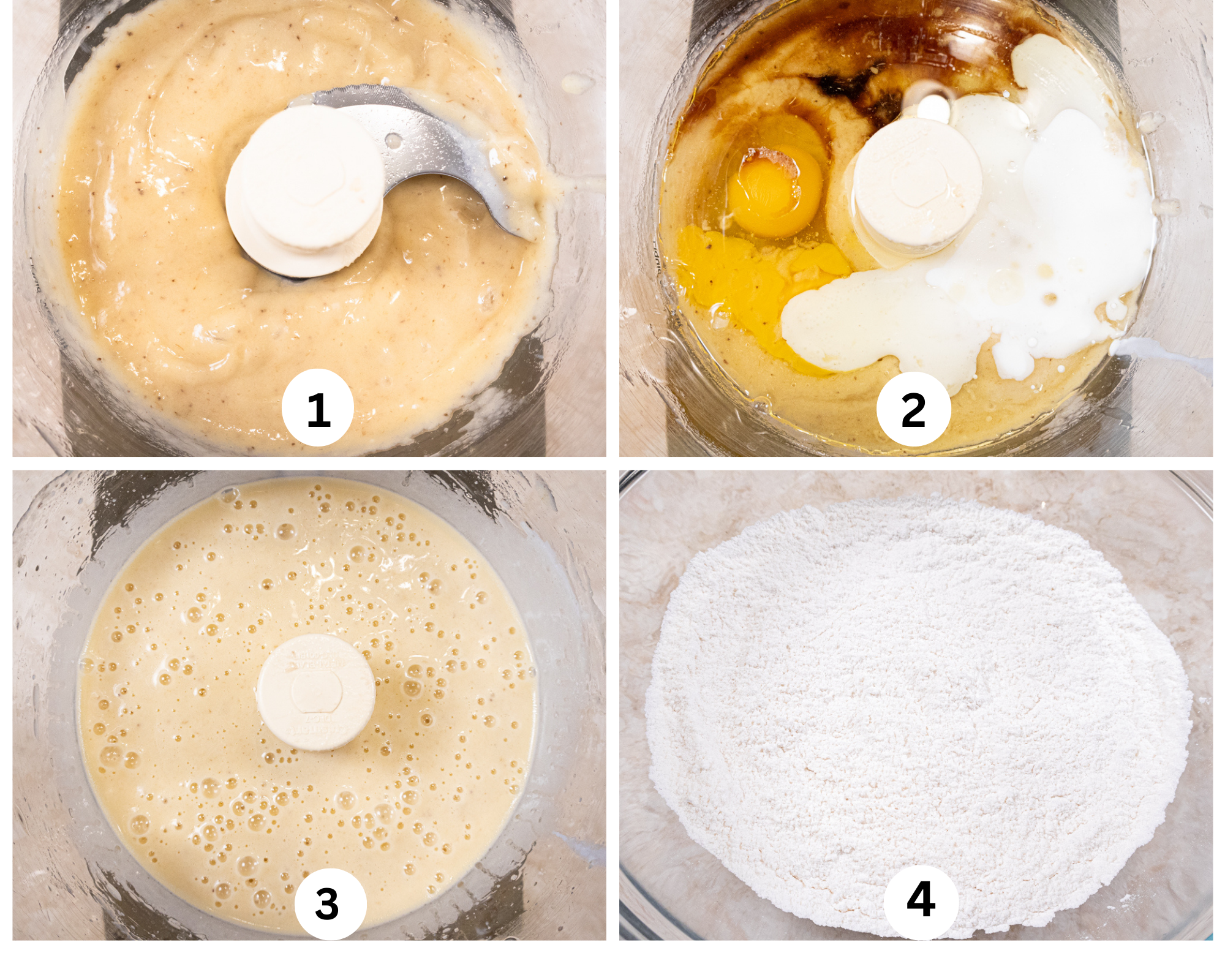 This collage shows the bananas for the bread pureed in the food processor, the eggs, buttermilk and vanilla added and processed and the flour, baking powder, baking soda and salt whisked together.  