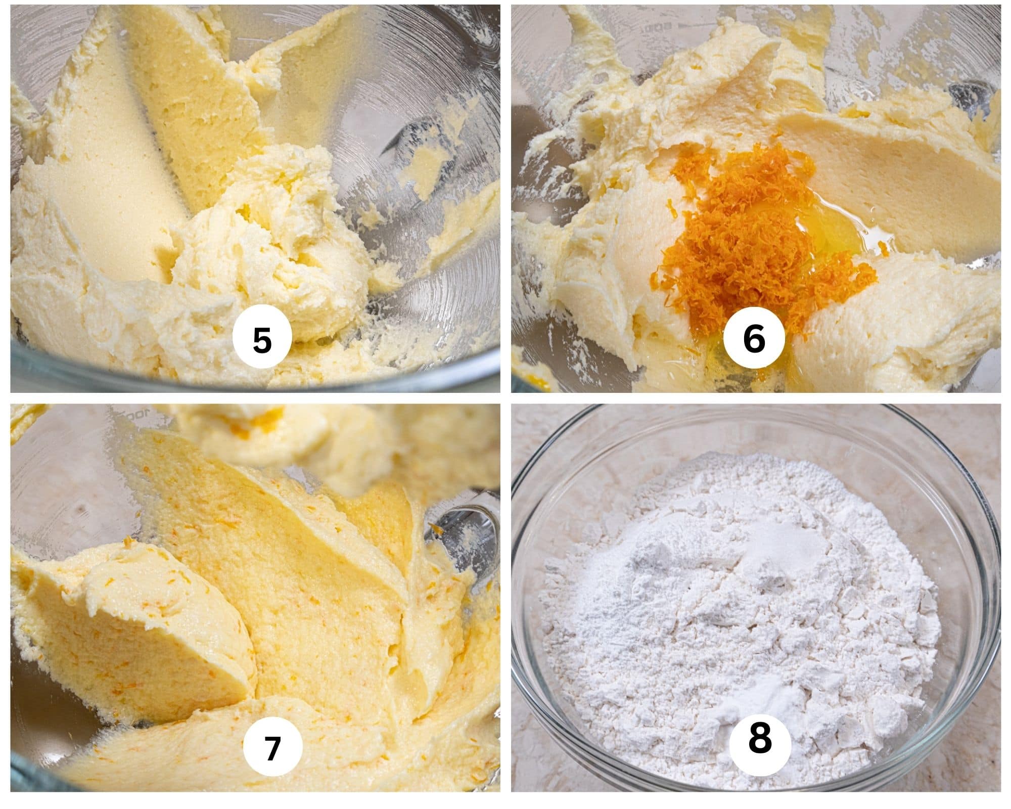 This collage shows the egg beaten in to the butter mixture, the last egg and orange zest added to the bowl and mixed and the flour, baking powder, baking soda and salt in the bowl.