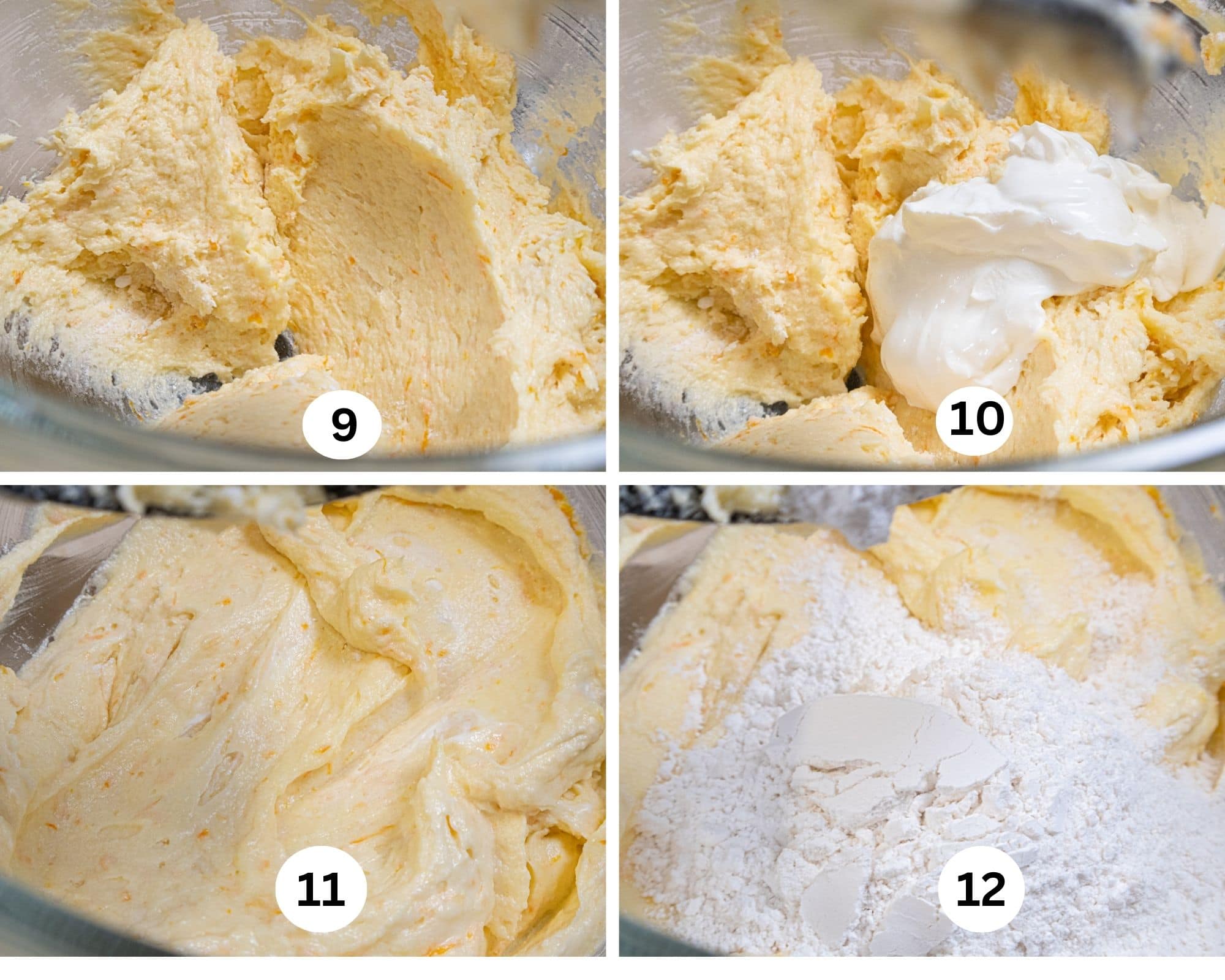 The first of the flour is beaten in, the first of the sour cream is added, beaten in and the second batch of flour is added.