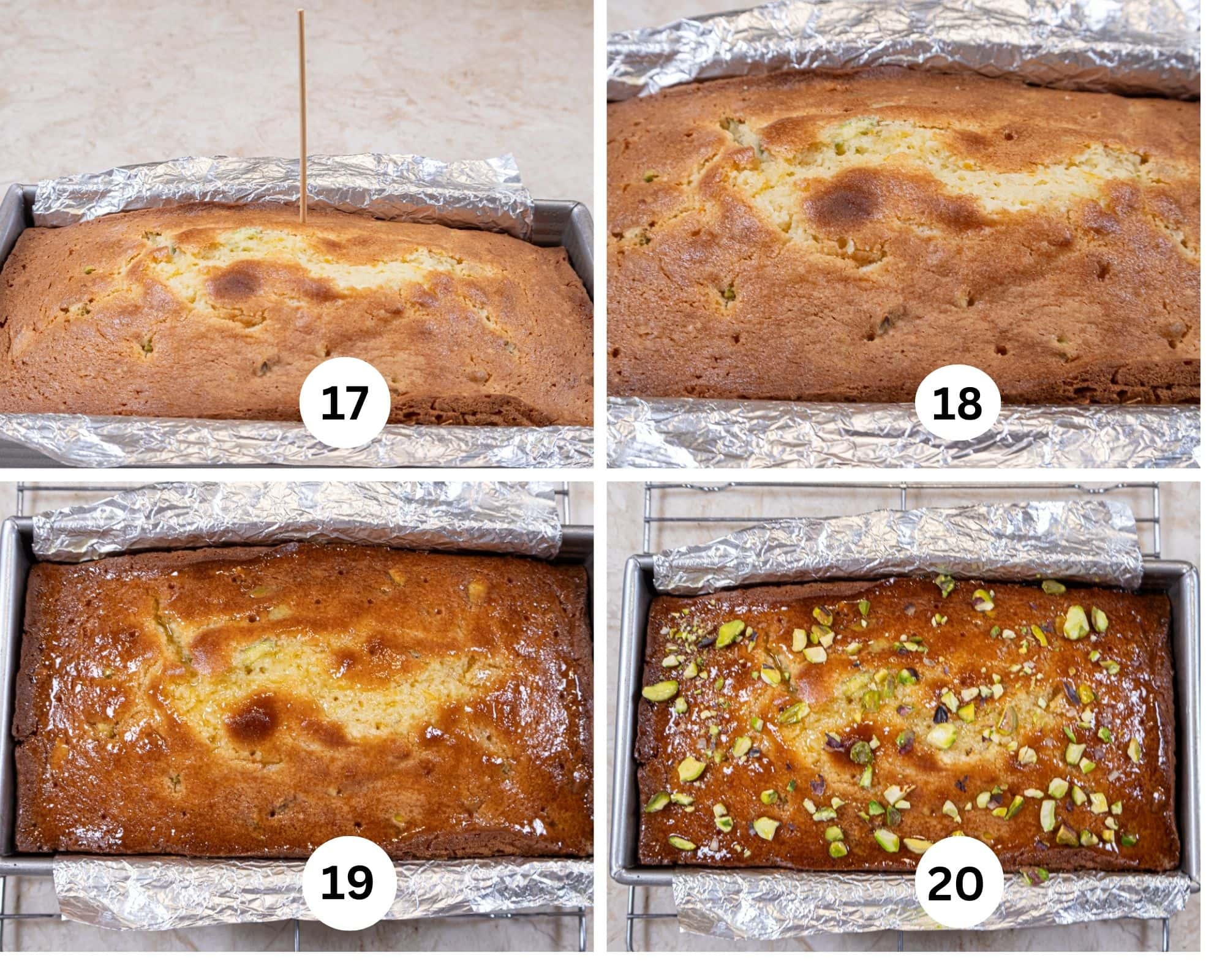 This collage shows a skewer making a hole in the cake, the cake with lots of holes, the first half of the syrup poured on and the finished cake in the pan.