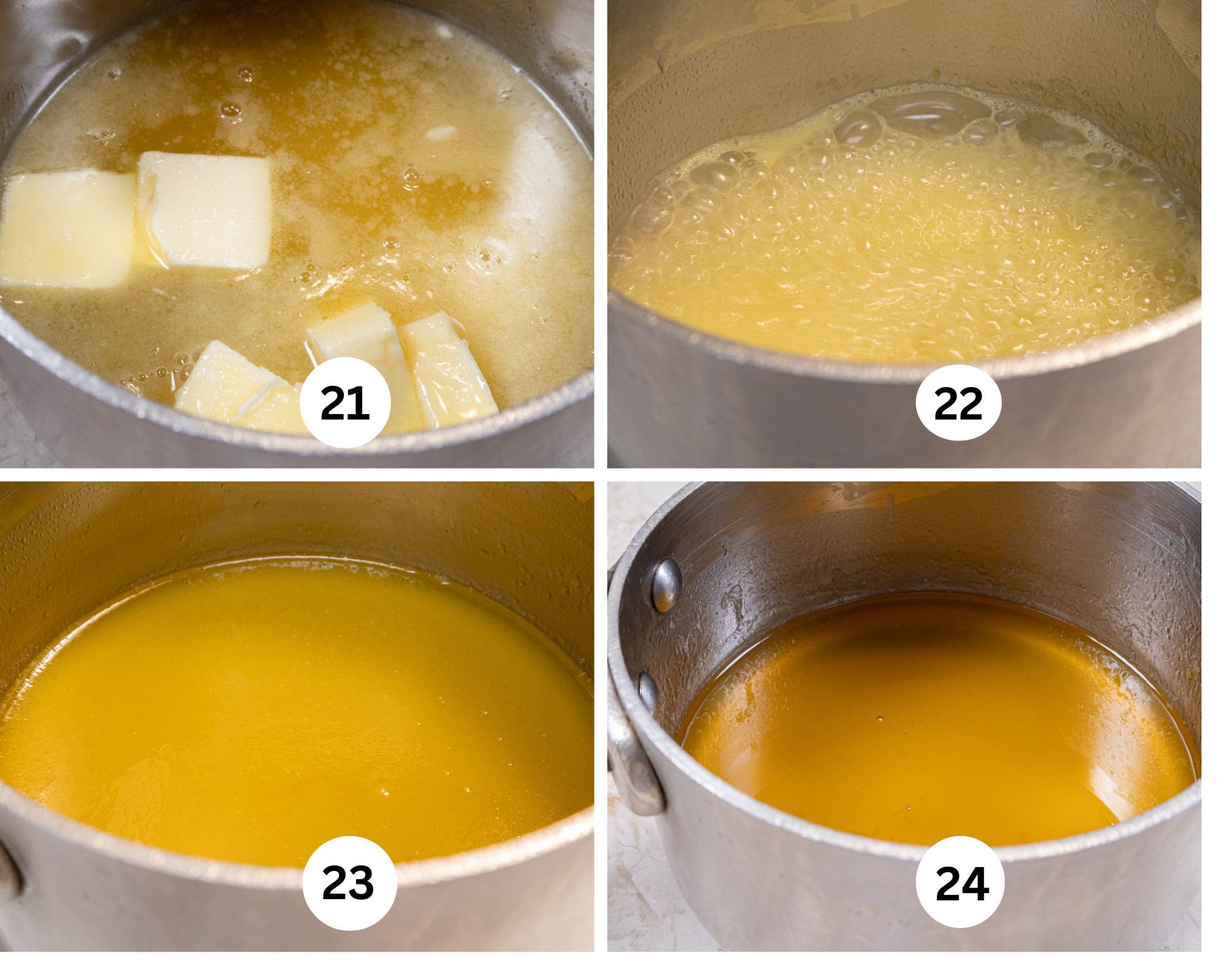 The last collage shows the ingredients for the Honey Orange soaking syrup less he honey in a saucepan, brought to a boil, removed from the heat and the honey added.