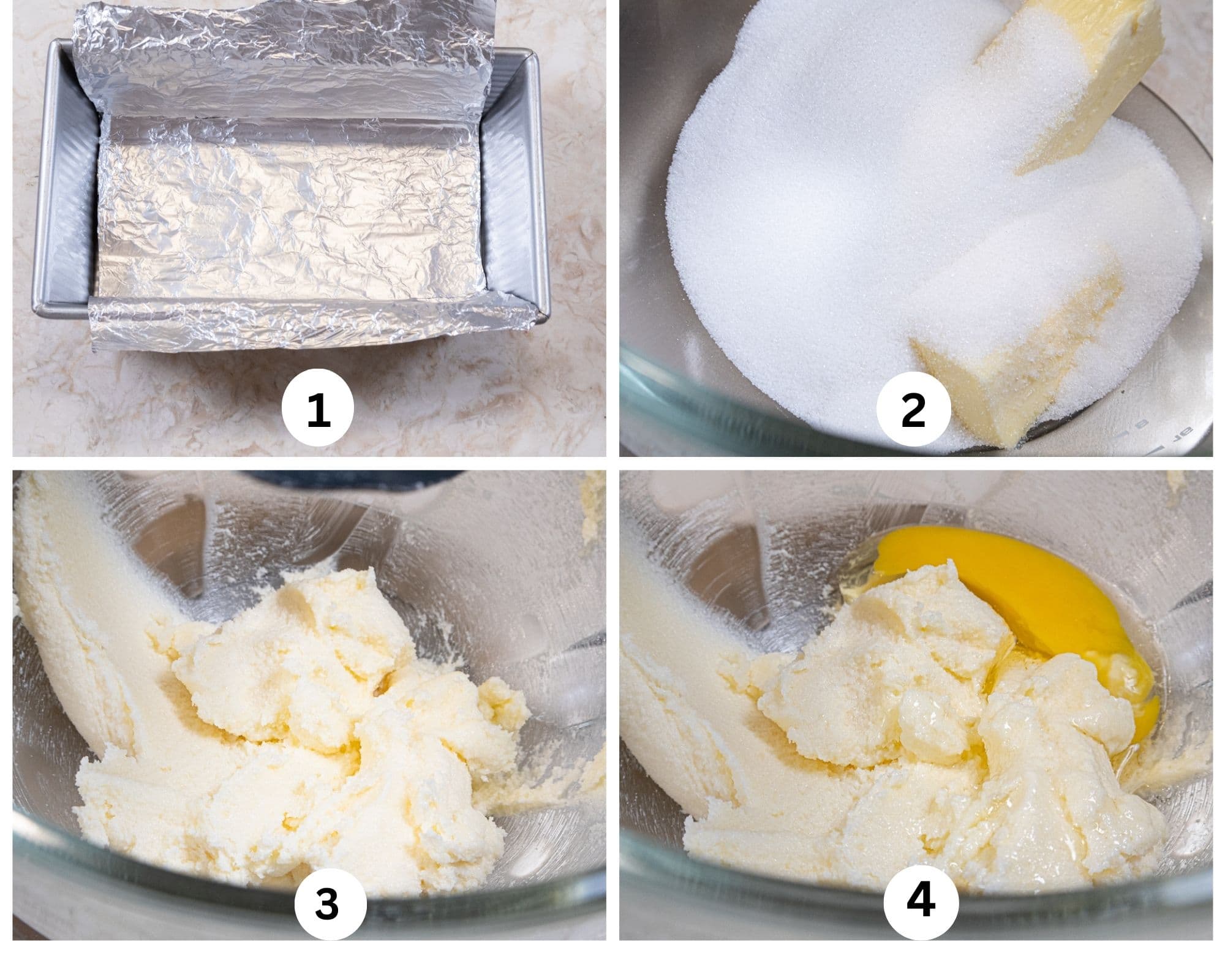 The first collages shows the pan with a sling made of foil, the butter and sugar in a mixing bowl, mixed and the first egg added ot the mixture.