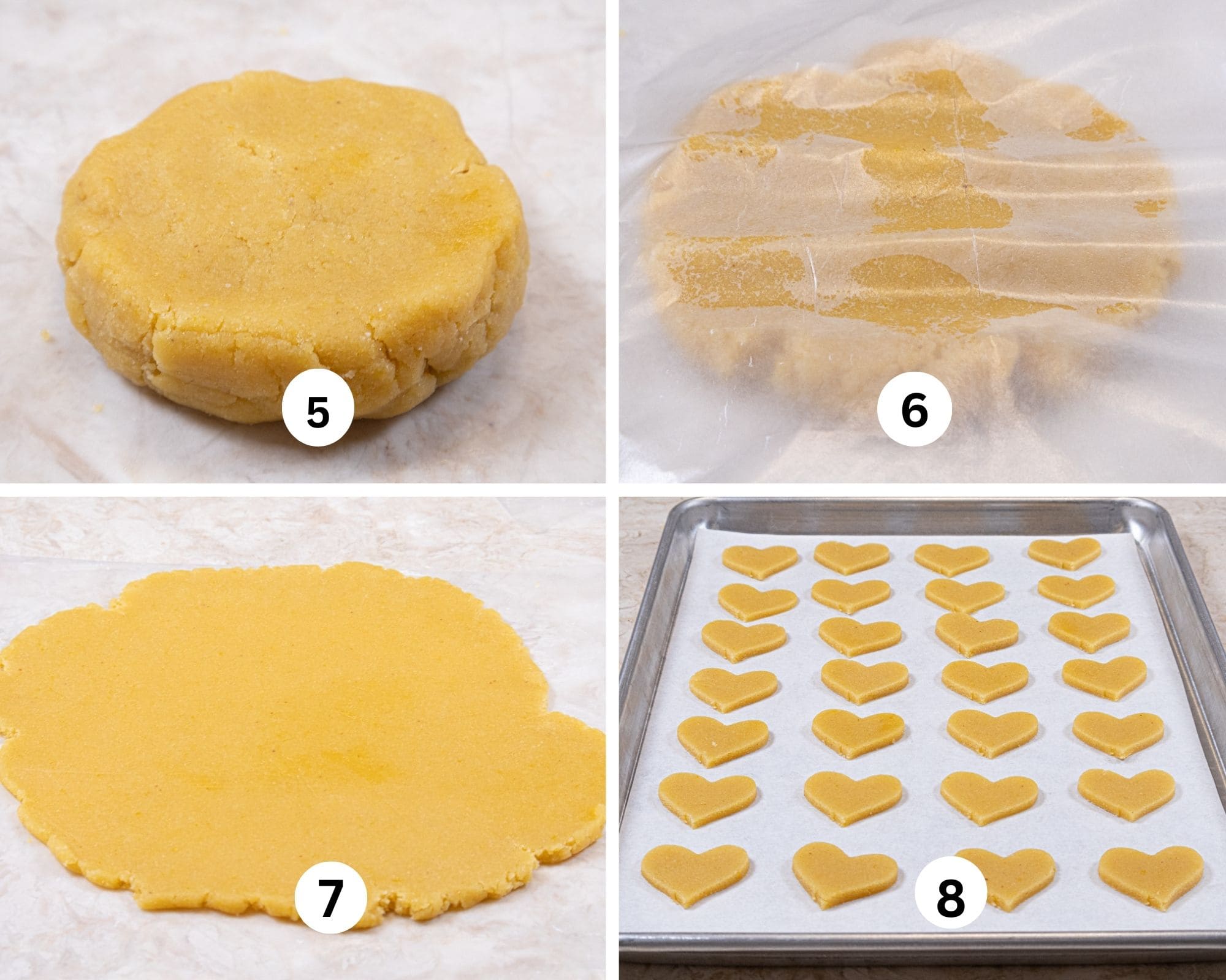 This collages shows the dough shaped into a flat round, placed between waxed paper,rolled out and a tray of heart cookies