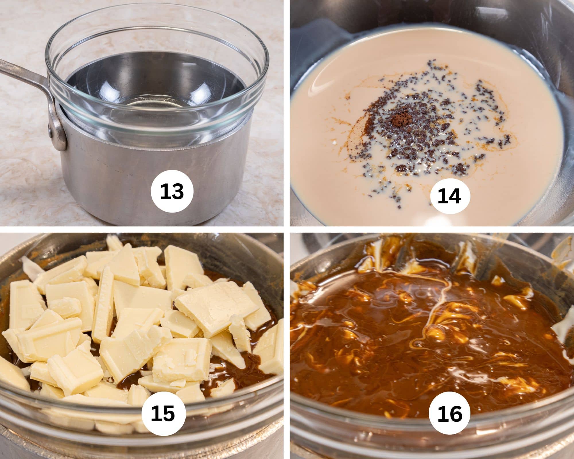 This collage shows a double boiler, the cream and coffee in the top, the white chocolate added and everything melted and smooth.