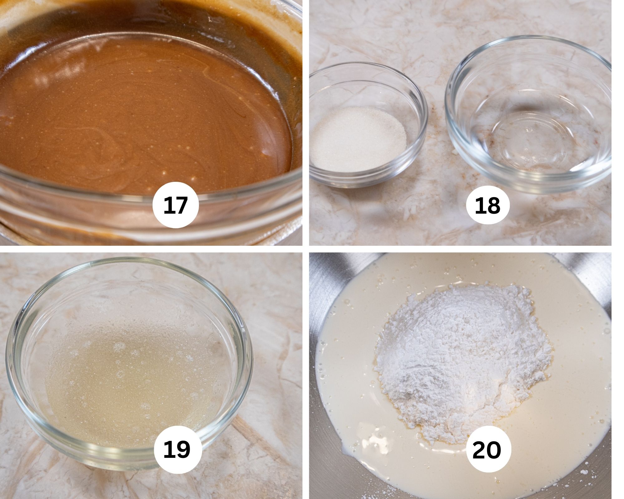 The chocolate for the Bailey's mousse is smooth, the gelatin and water are shown, then mixed together and the cream and powdered sugar are in a mixing bowl.