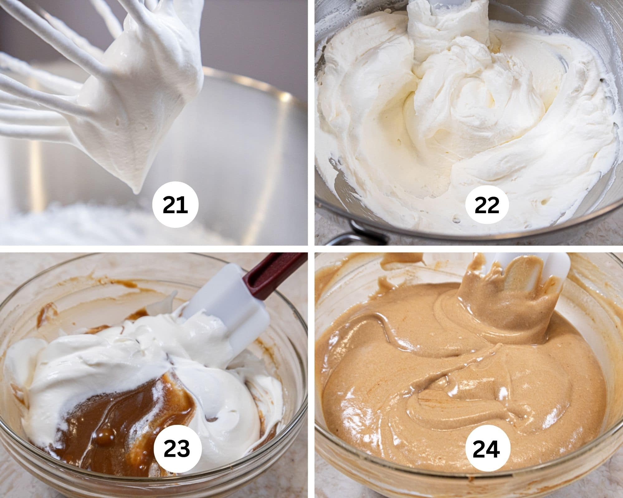 This collages shows the whipped cream on he whip and in the bowl, being folded into the chocolate and the mousse finioshed.