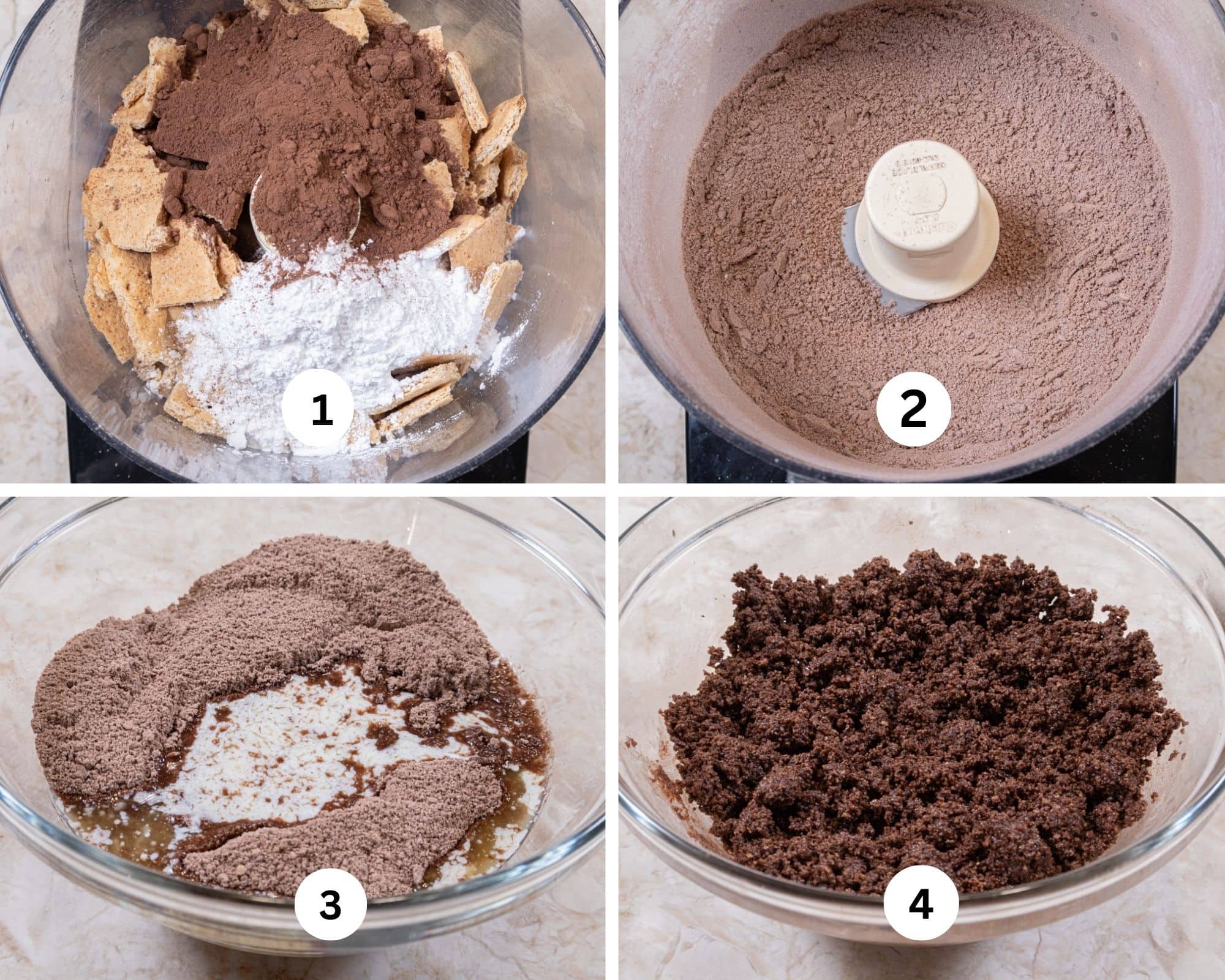 The first collage shows the dry ingredients for the chocolate crust in the processor, processed, the butter added, and the crumbs mixed with the butter. 