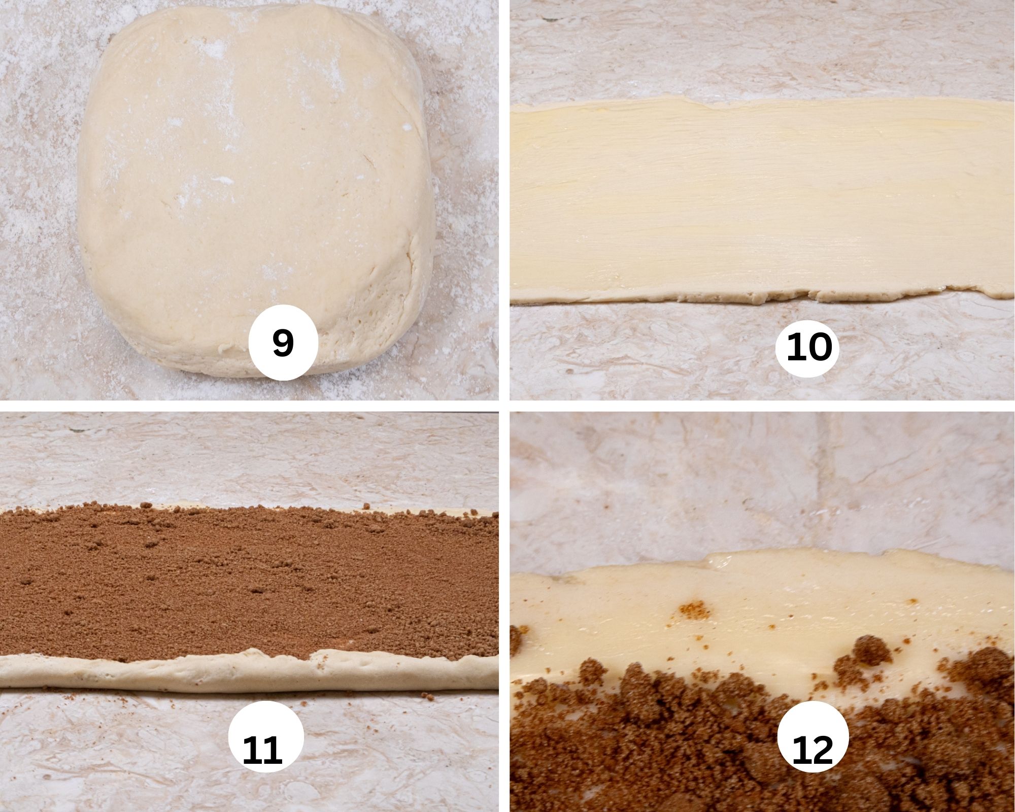 This collage shows the dough in a rectangle ready to be rolled, rolled and buttered, filled with the cinnamon filling and the far edge wet. 