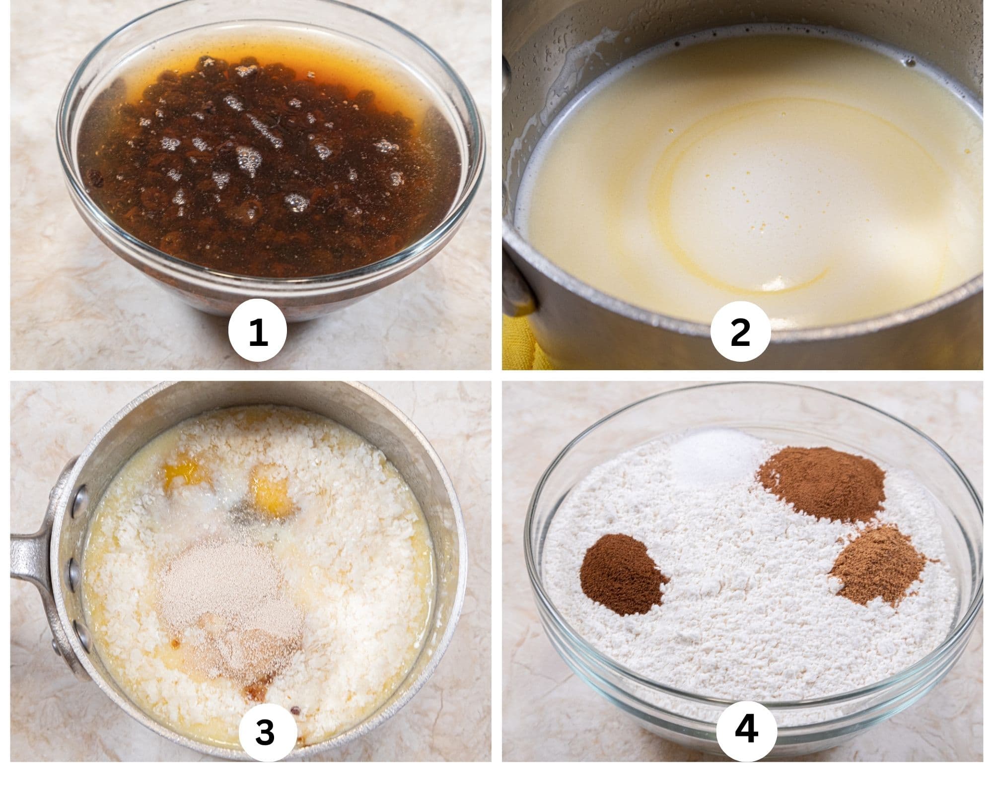 The first collage for the Hot Cross Buns shows the currants soaking, the butter and milk hating, the rest of the liquid ingredients added to the milk, and the flour and spices. 