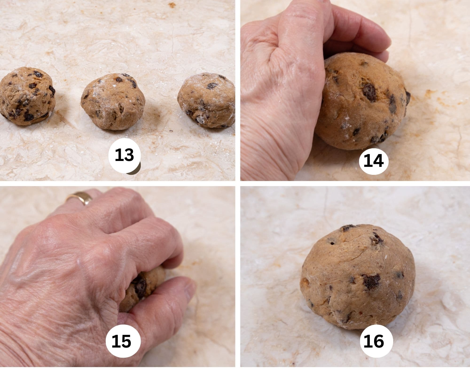 Here the rolls are roughly rounded, a hand is cupped over them and they are rolled into perfect rounds. 