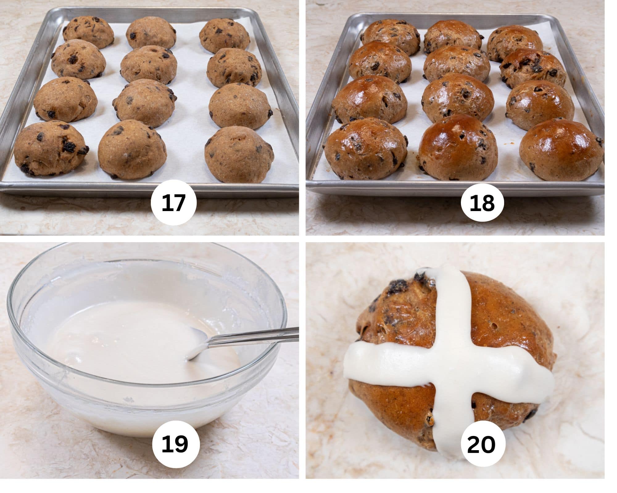 The last collage shows the rolls risen, baked, the vanilla glaze made and the traditional white cross made with the glaze on the rolls.  