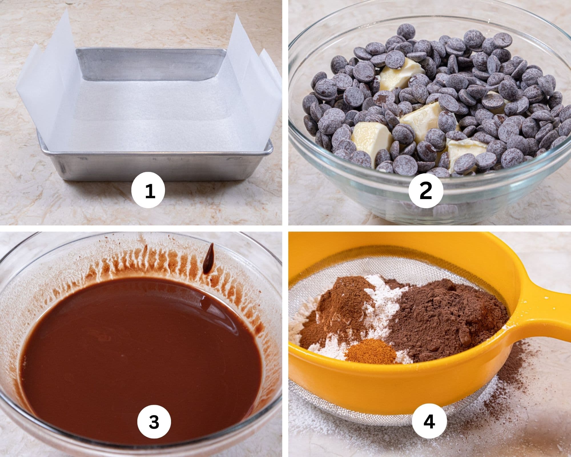 The first collage for the Mexican Chocolate Brownies includes the 9" square pan lined wih parchment, a bowl with chocolate and butter, then melted and the dry ingredients in a strainer. 