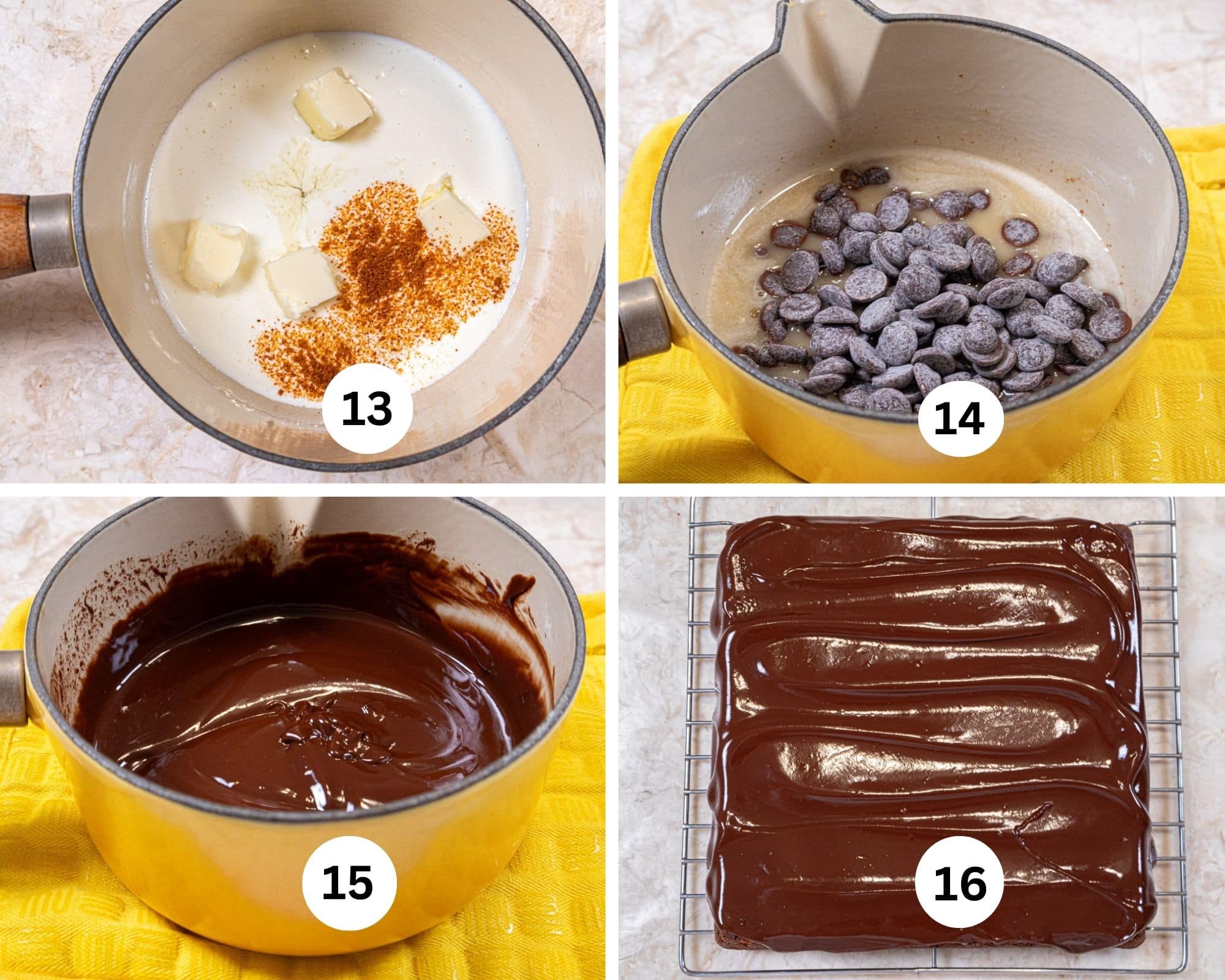 The last collage shows the Hot Honey Ganache being made with the buttter, cream, honey, and cayenne pepper in a saucepan and heated, the chocolate is added to the pan to melt, it is stirred smooth and finally tops the brownies.   