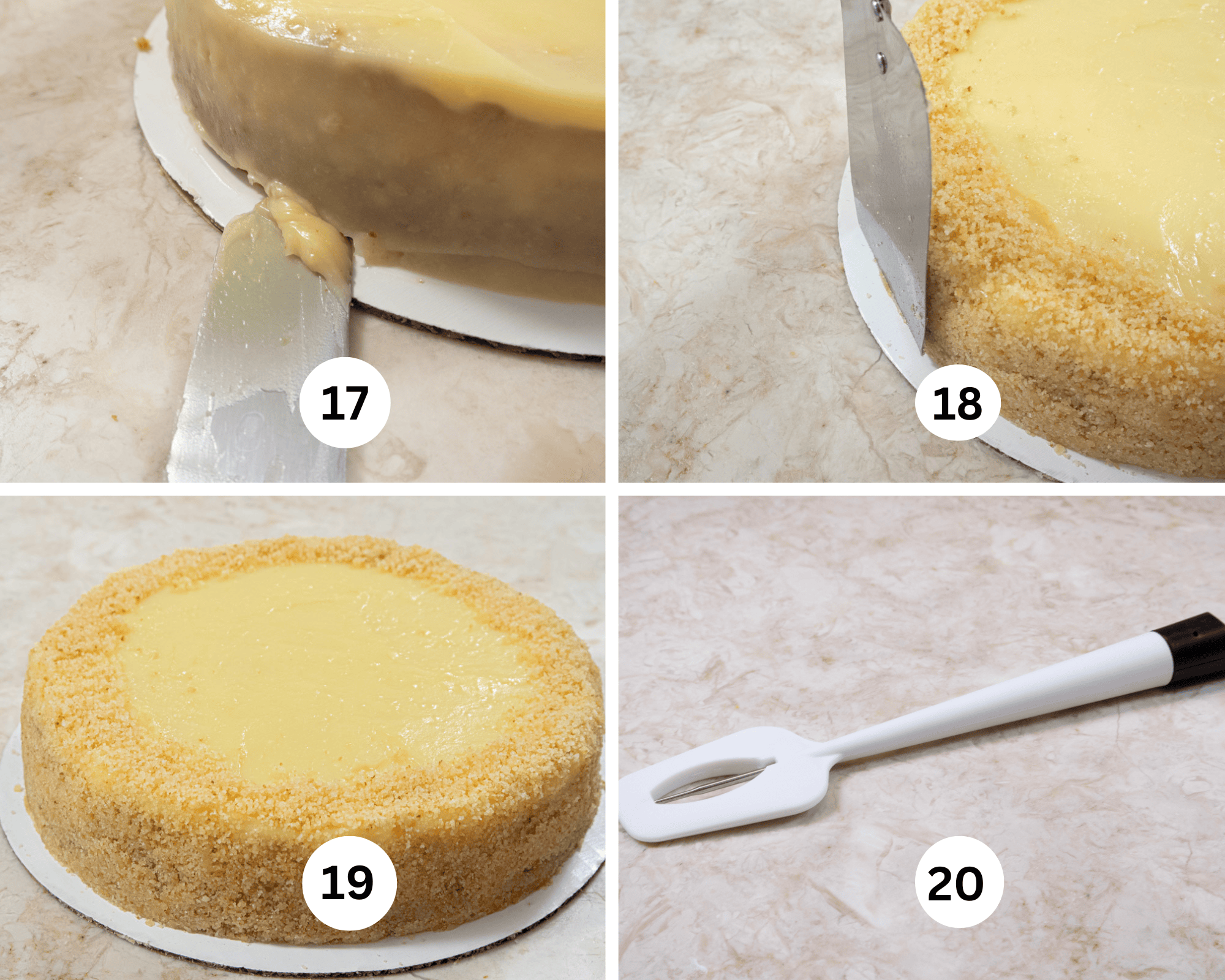 This collage shows the side of the cake coated with the lemon topping and the edge being cleaned, the crumbs being applied to the side of the cake, the top and sides coated with crumbs and a new thermometer used in the next step.