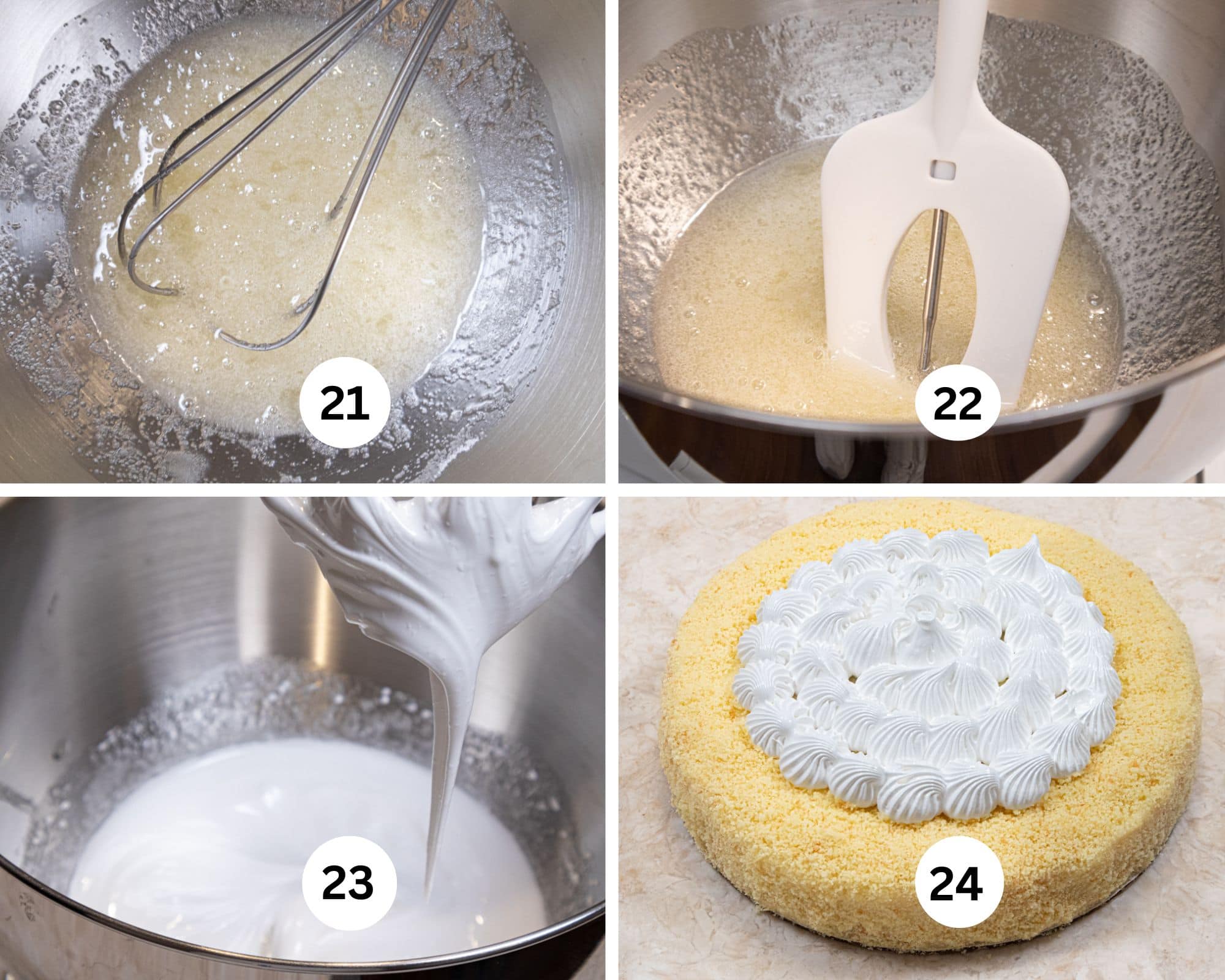 The last collage shows the swiss meringue being made with the sugar and egg whits in the mixing bowl being whisked, being stirred while heating to the correct temperature, beaten in the mixer and piped onto the cake covering the topping. 