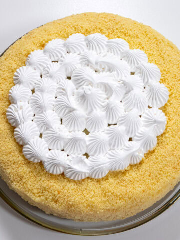 The Triple Lemon Cake consisting of a yellow crumb coated single layer cake finished with white meringue in the middle