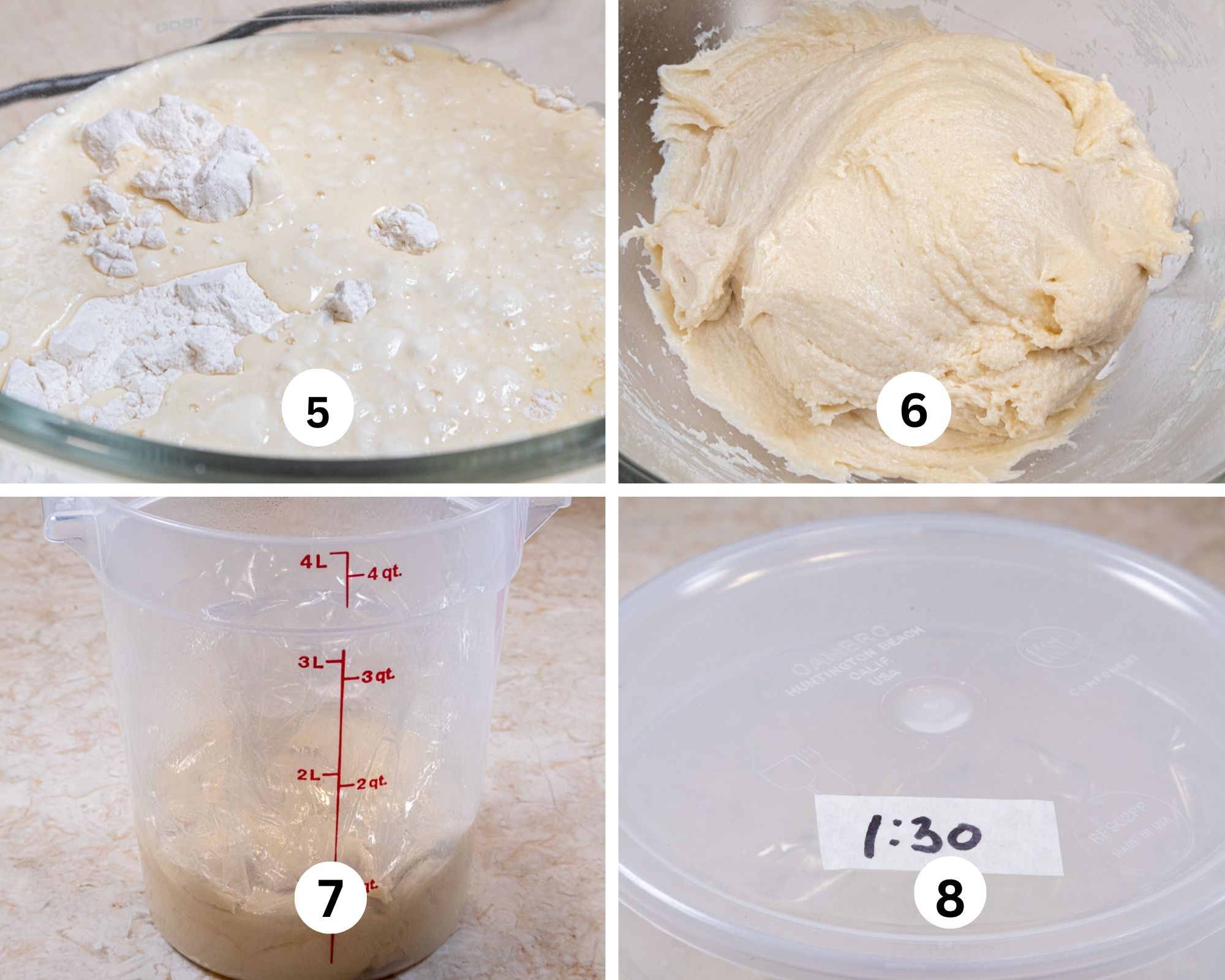 The liquid ingredients are added to the flour, the finished dough, the dough in a container and the time marked on top.