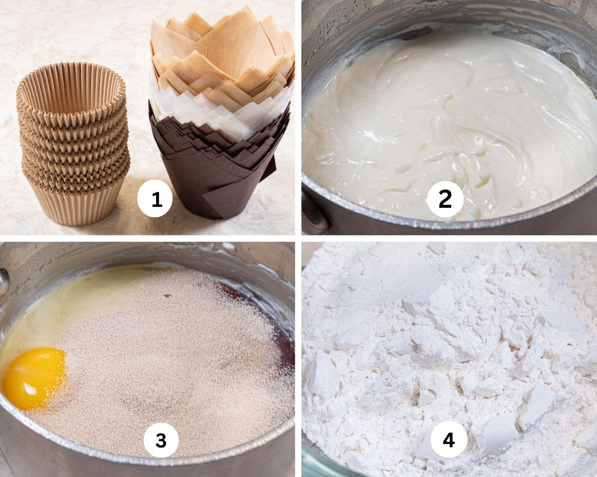The first collage shows the paper liners for the pans, the sour cream added to the melted butter, and the flour in the mixing bowl.
