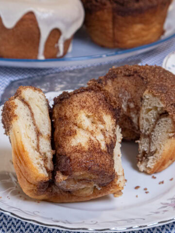 An open Cinnamon Roll sits on a flowral plate with a plate of rolls behind it and a blue dotted cup and saucer are off to the side.