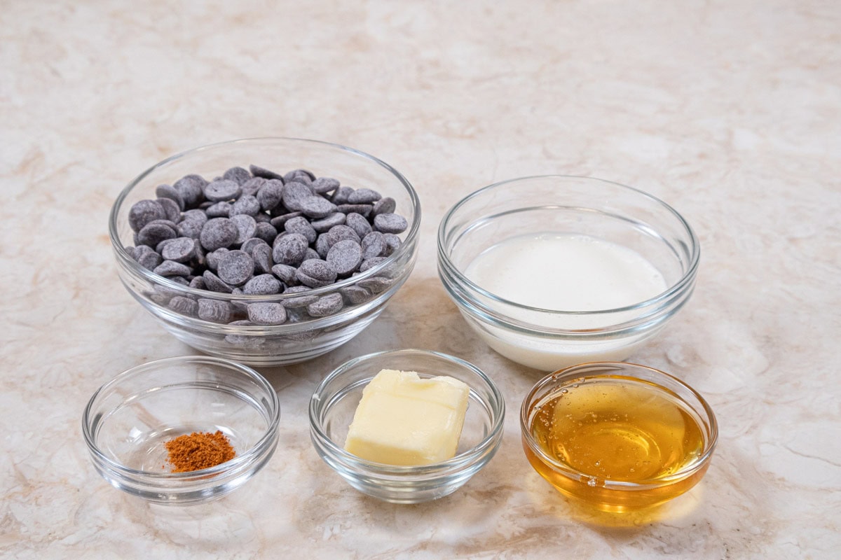 Ingredients for the Hot Honey Ganache include semisweet hocoalte, heavy cream, cayenne pepper, butter and honey.