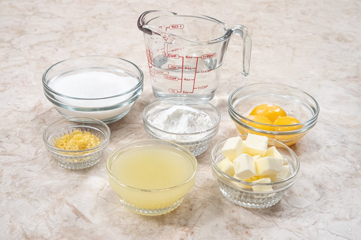 The Lemon Topping consists of water, granulated sugar, eggs, cornstarch, lemon juice, lemon zest, salt and butter.
