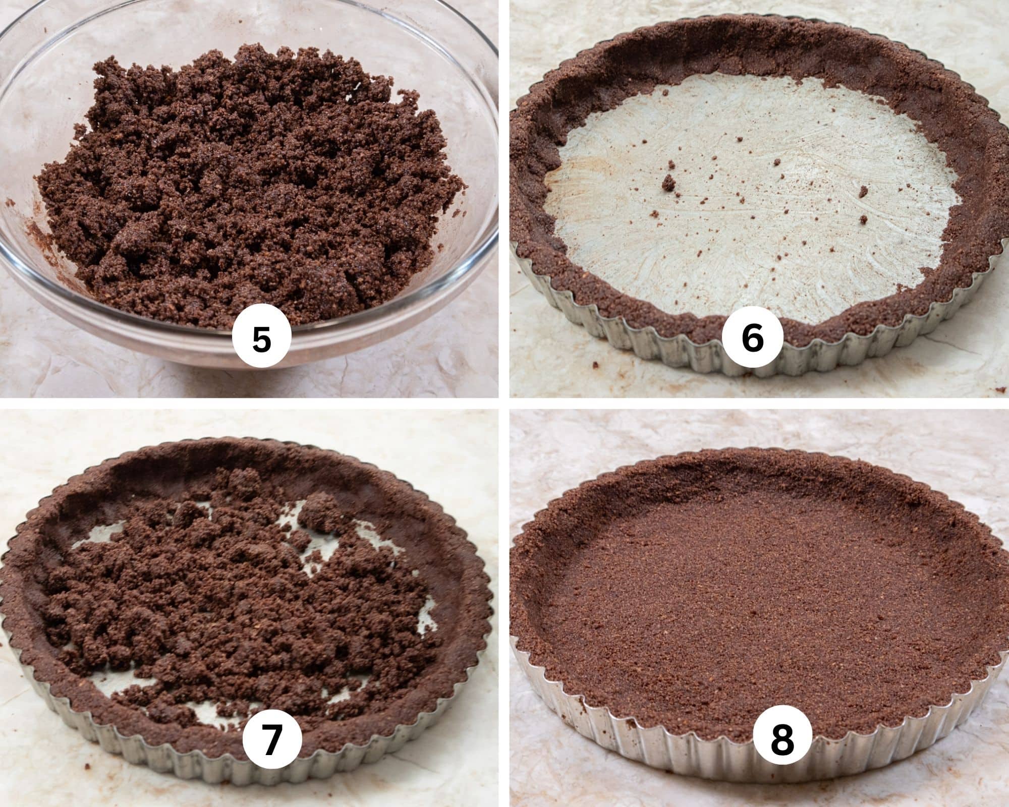 This collages shows the crumbs and butter mixed in a bowl, the edges of the tart pan with the crumbs pressed iin, the crumbs in the bottom of the pan and then pressed in.