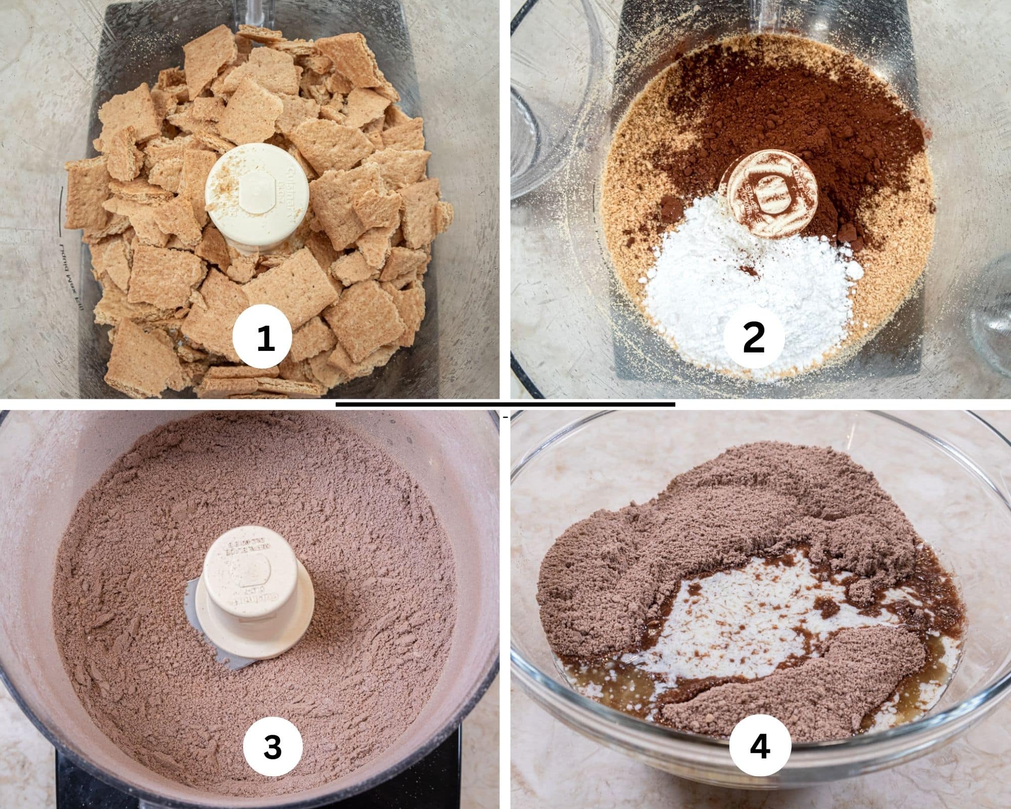 The first collages shows the graham crackers in the processor, with the powdered sugar and cocoa powder, then ground up and the melted butter added.  