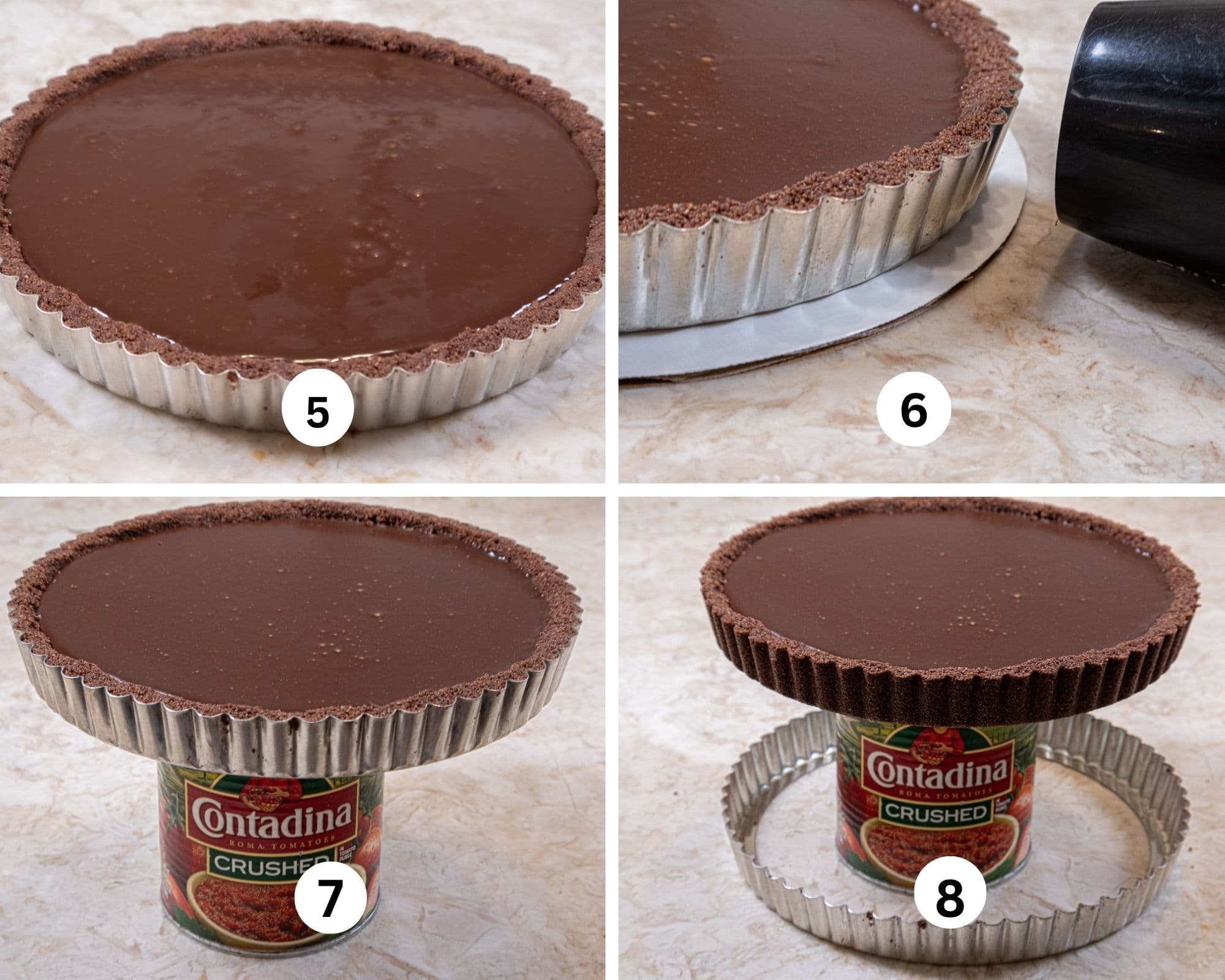 This collage shows the filling poured ito the crust and after chilling the edges of the tart being heated with a blow dryer, release from the pan by sitting on a can to elevated it and then sliding the side down. 