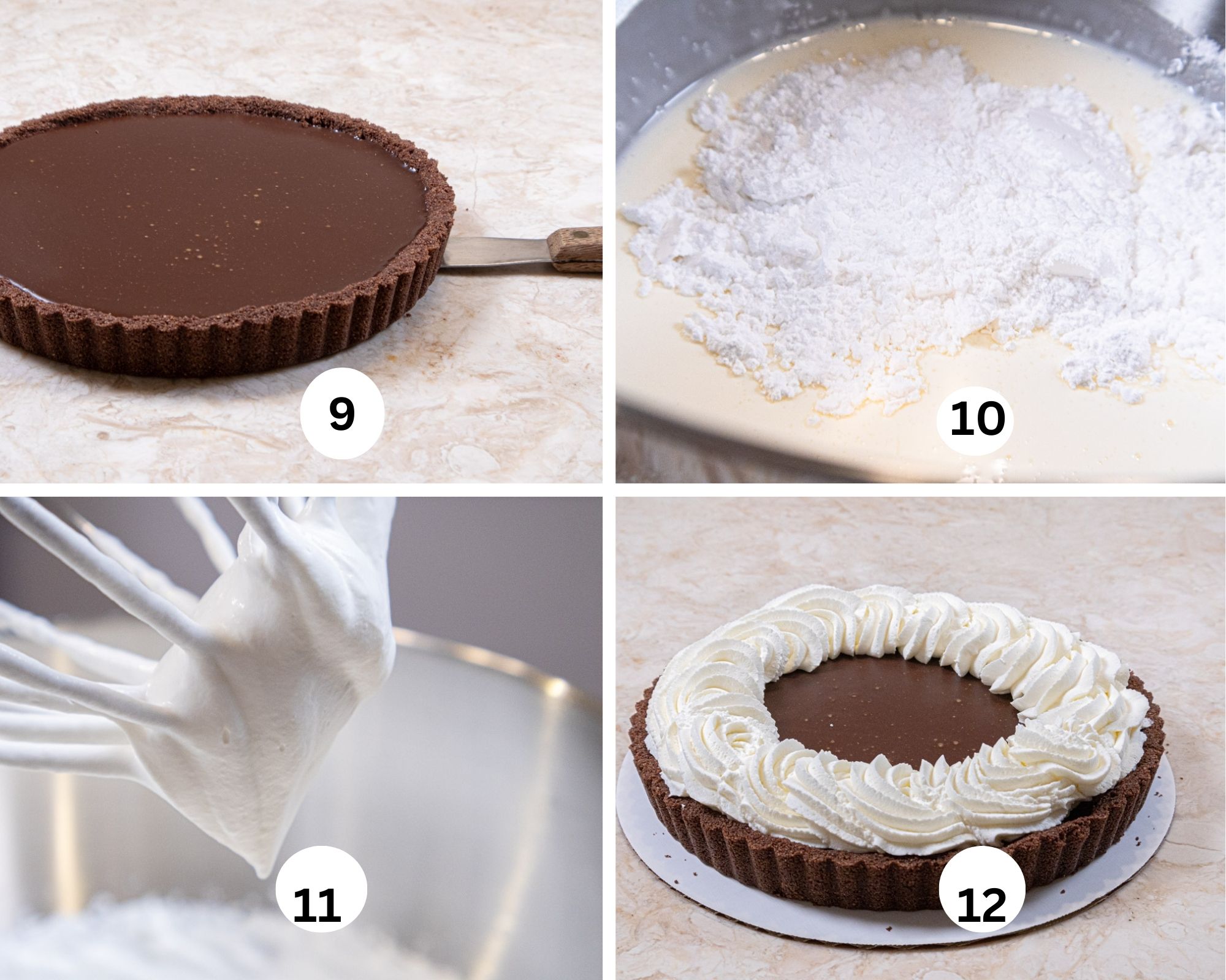 This last collage shows the bottom of the tart being released, the texture of the whipped cream and the cream piped onto the tart.