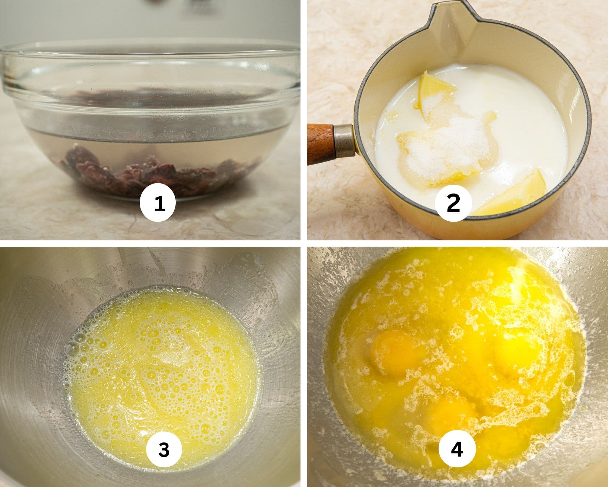 The first collage shows the raisins in hot water, the butter, milk and sugar in a small saucepan, the melted butter mixture in the mixing bowl and the eggs, vanilla and lemon zest added. 