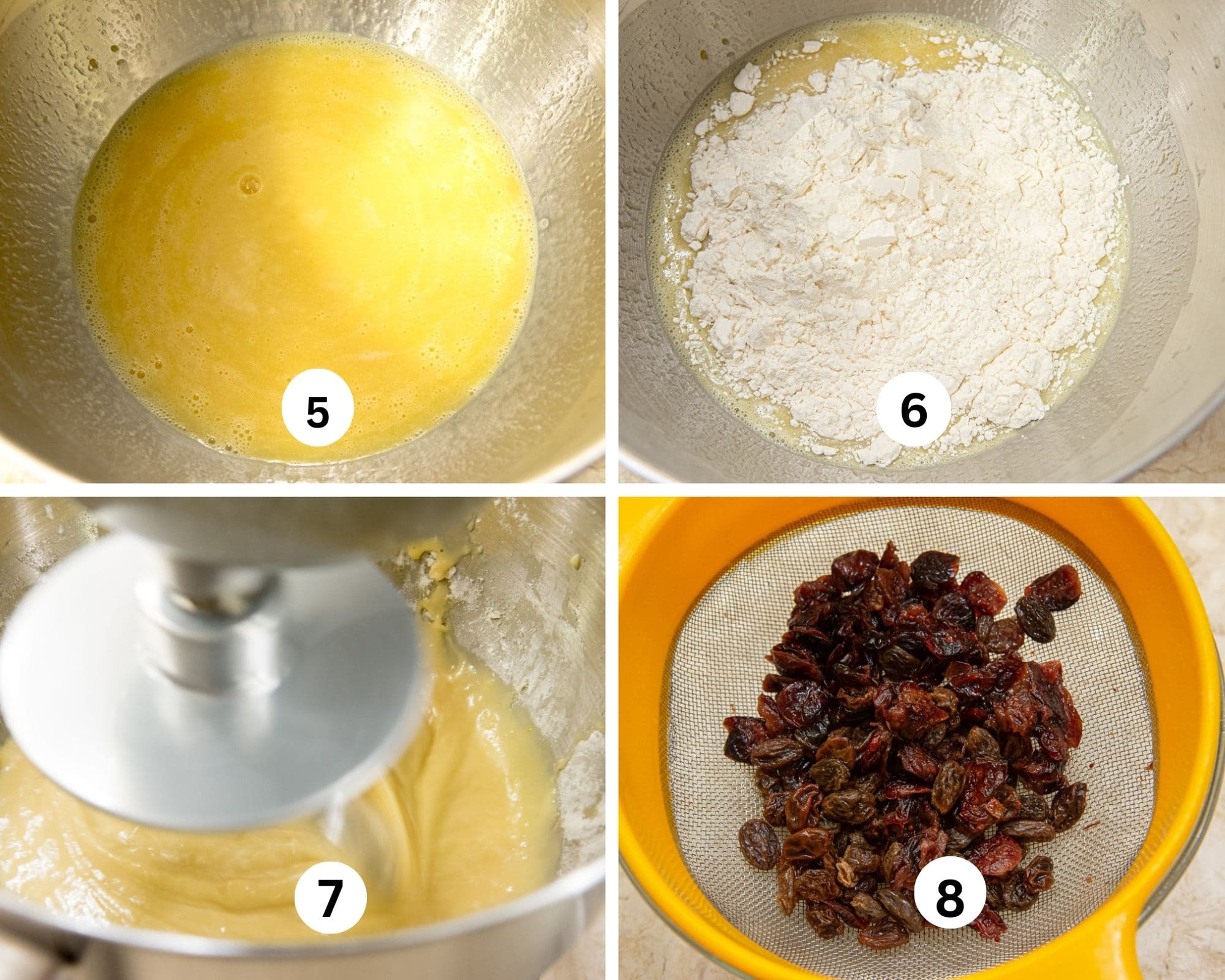 This collages shows the dgg mixture beaten, half the flour added, and mixed and the raisins draining.  