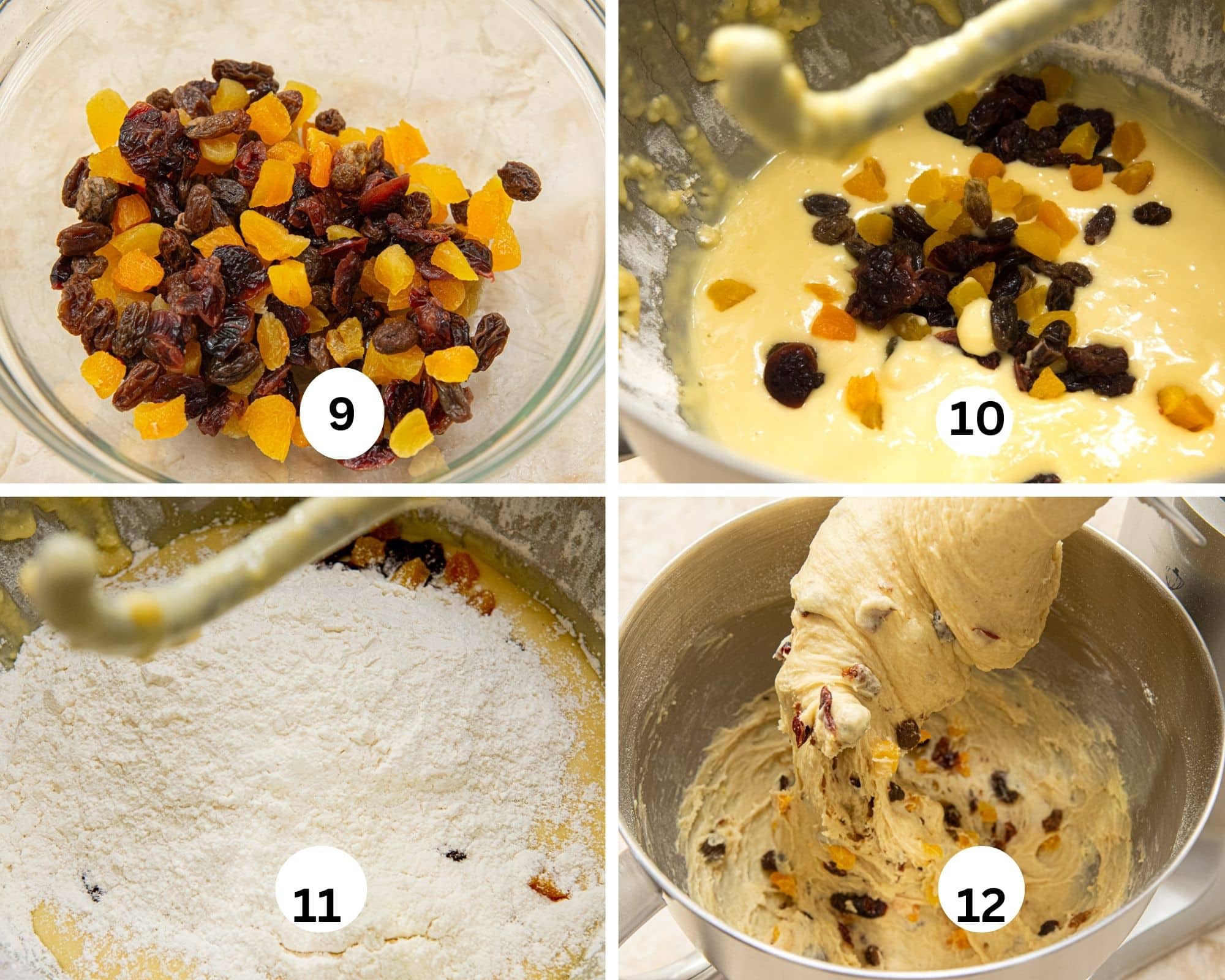 In this collage the raisins have been added to the mixed fruit, the al added to the mixing bowl, the remainder of the four added and the completed bread dough. 