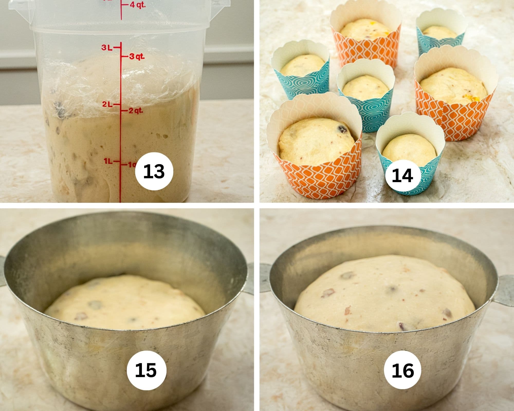 The last collages shows the risen dough in a container, the shaped dough in small bake proof cups, the whole dough in a charlotte pan and the dough risen. 