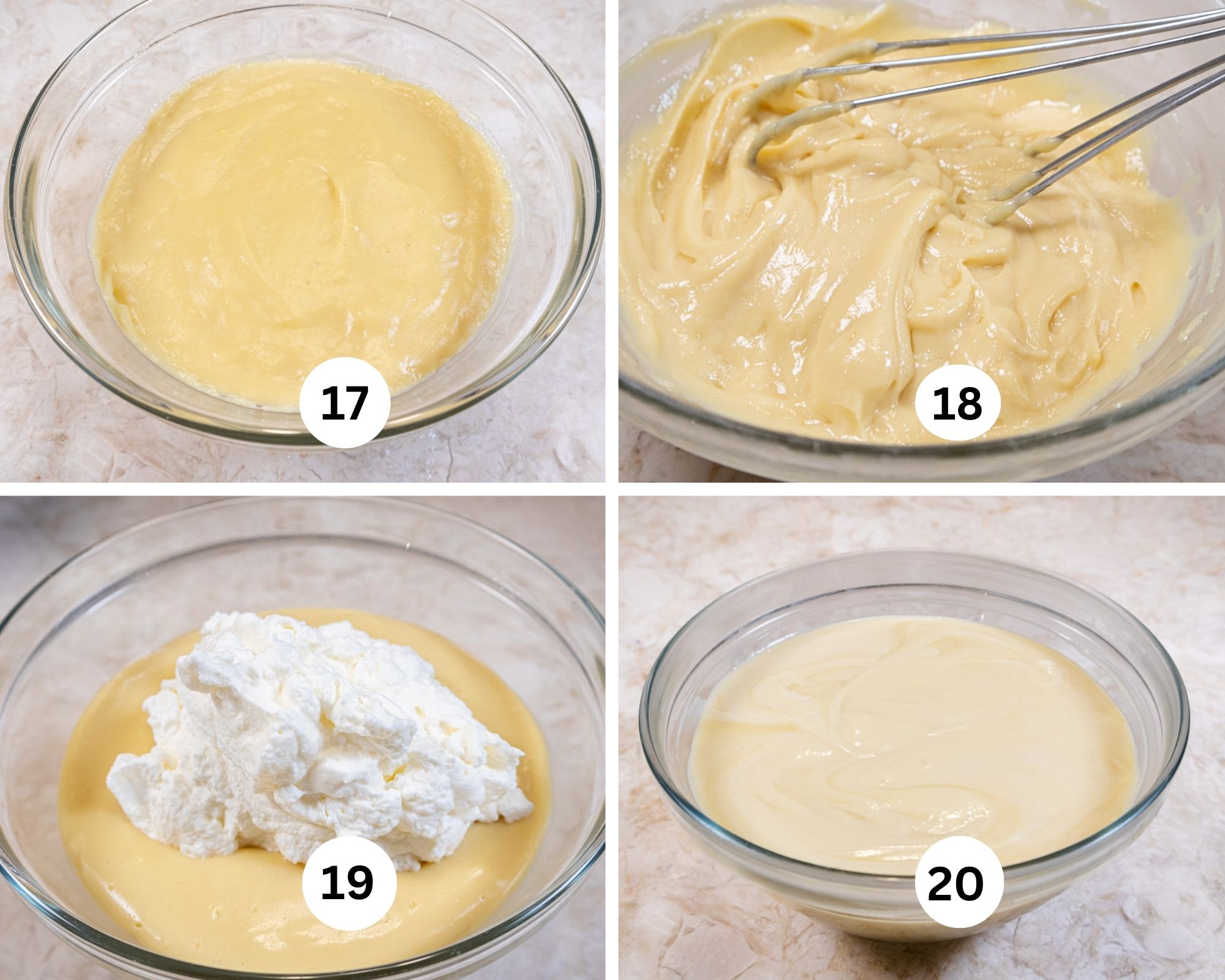 The Lightened Pastry Cream collage shows the pastry cream in a bowl, being whisked, the whipped cream on top and the finished lightened pastry cream.