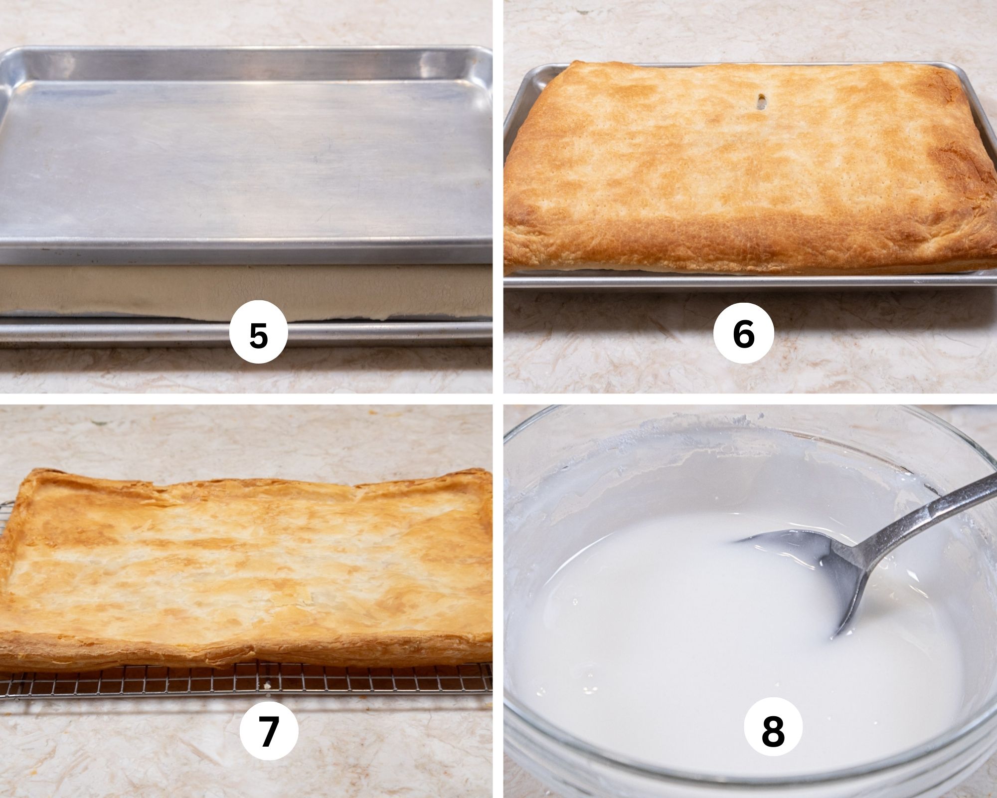 This collage shows a pan on top of the pastry to prevent shrinkage, the baked pastry, the pastry turned  upside down and the mock fondant made.