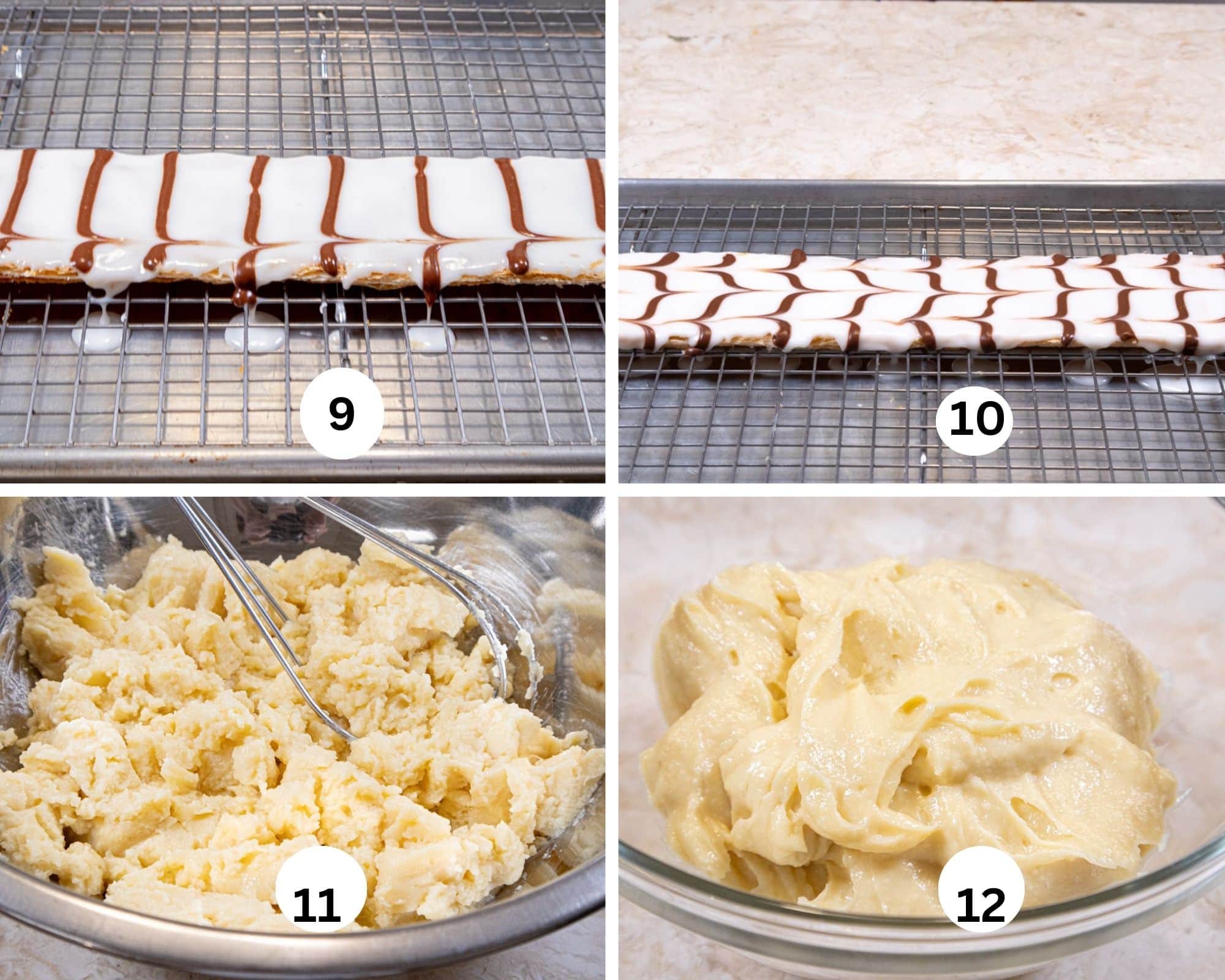 One piece of pastry is covered with the mock fondant and the cocoa enhanced fondant is piped on across the pastry abut 1" apart, the chilled pastry cream is broken up and then whisked smooth.
