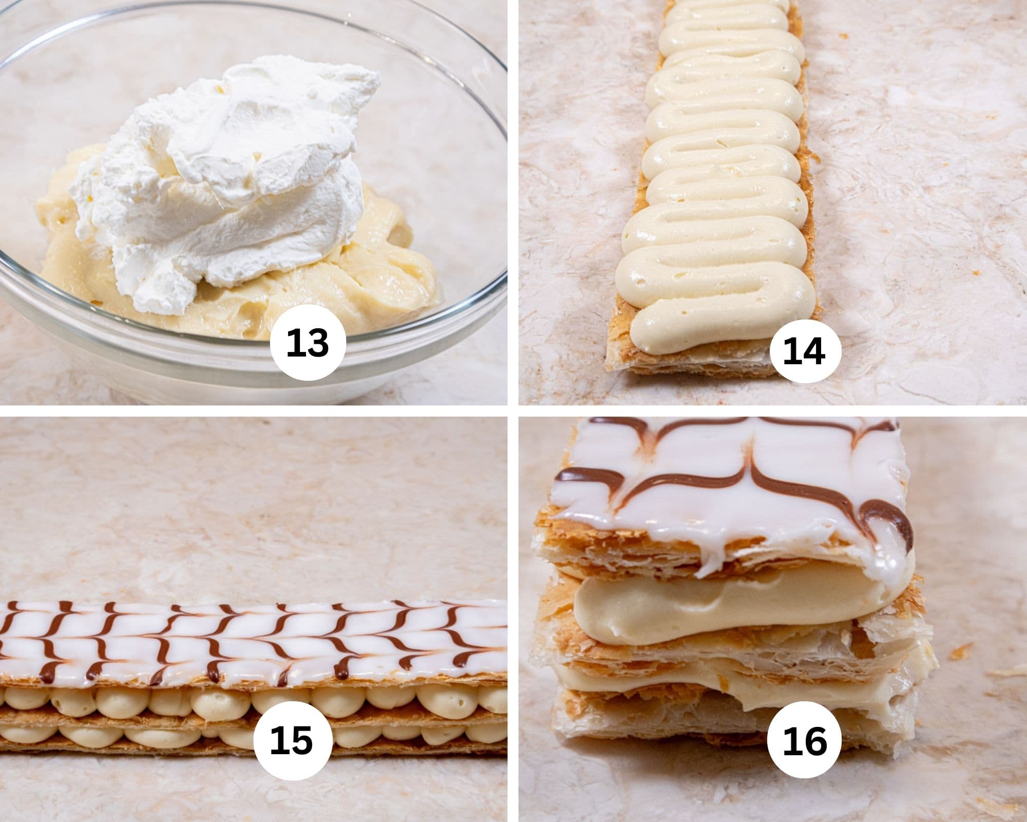 The last collage shows the whipped cream on top of the pastry cream, piped onto a strip of pastry, the mille-feuille assembled and a shot of the pastry from the bottom showing the layers. 