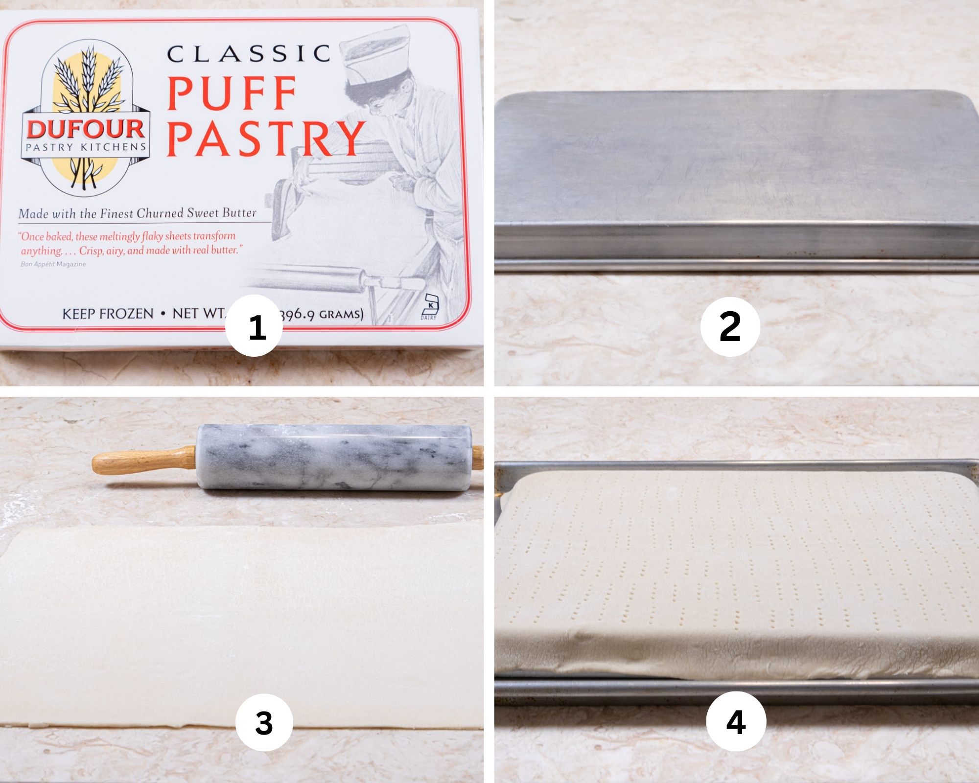 The first collage shows the box of pastry pastry, a jelly roll pan turned upside down, the pastry rolled out and the place on the pan and docked with a fork to prevent it from rising too much.