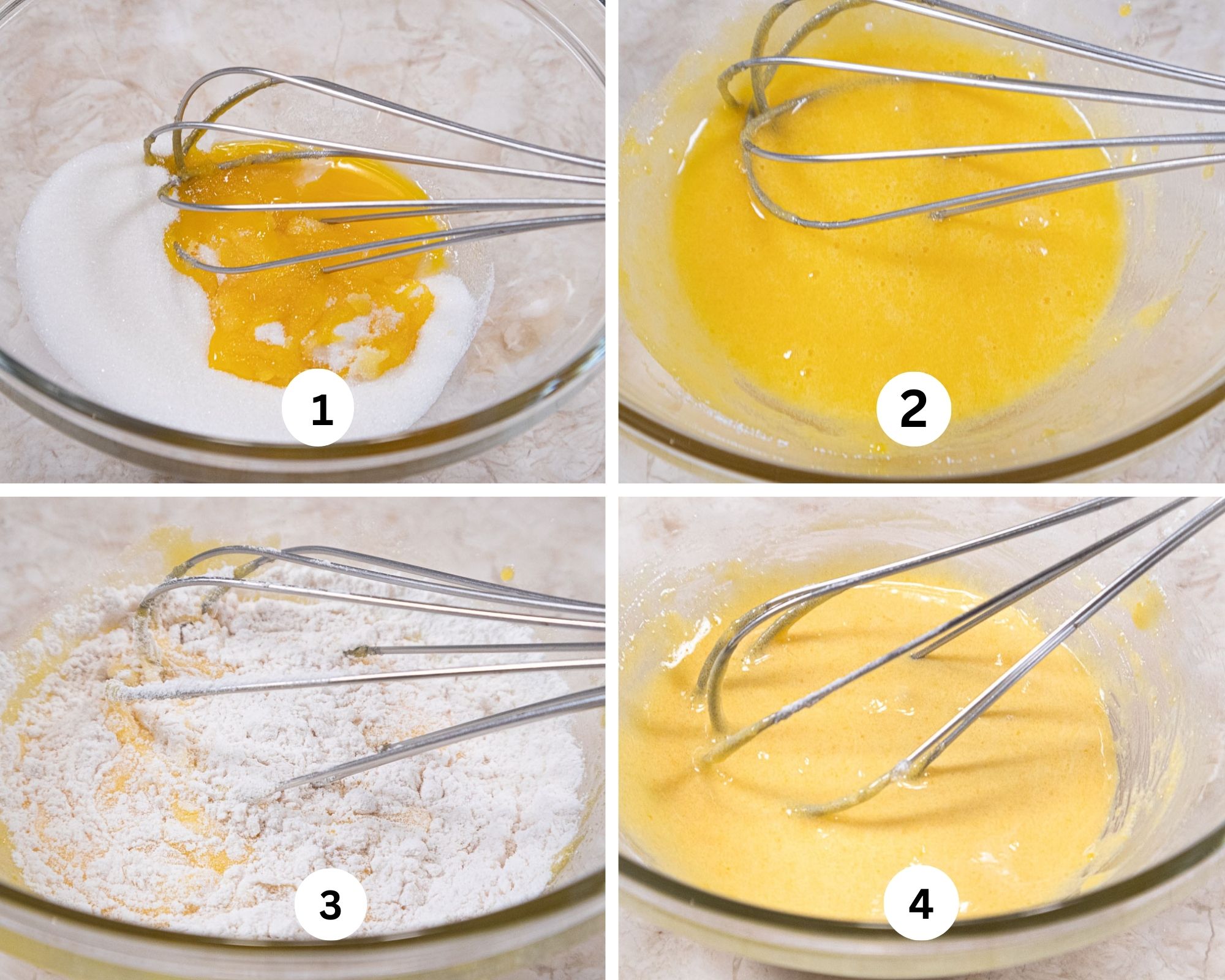 The first collage for Pastry Cream shows the egg hyolks and sugar in a bowl, whisked together, the flour added and all whisked.