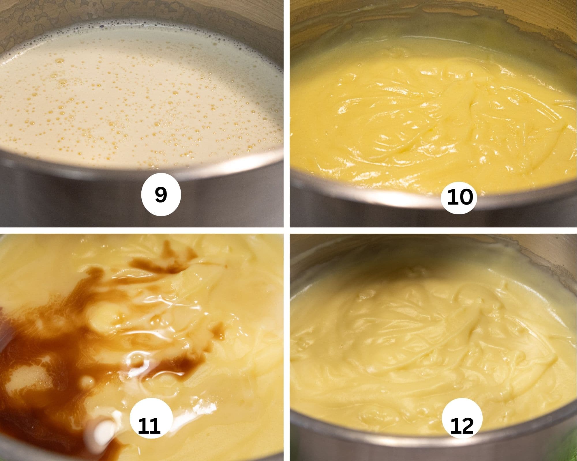 This collage features the strained  pastry cream in the saucepan, cooked, and the vanilla added 