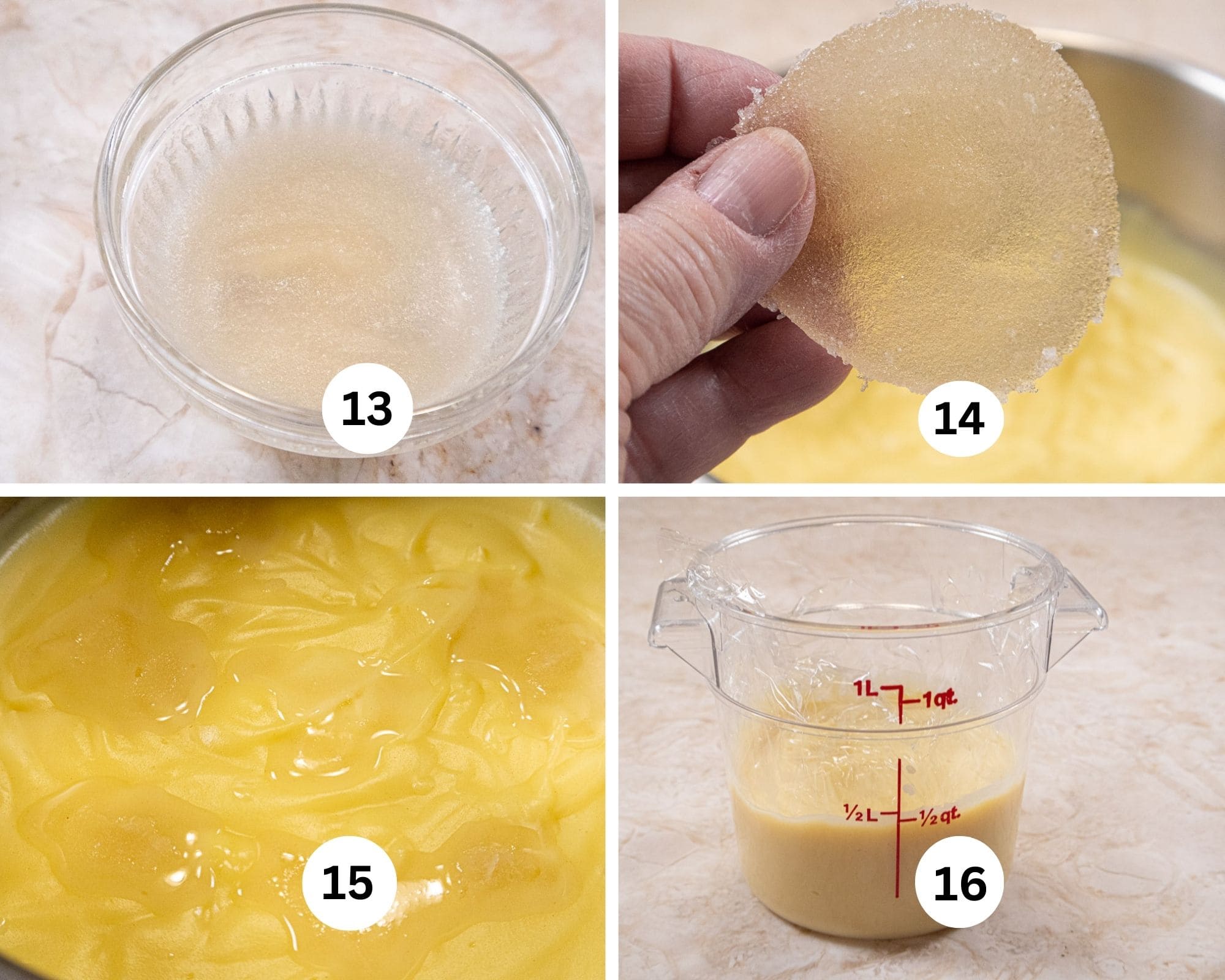 This collages shows the gelatin congealed in a bowl, removed from the bowl, added to the hot pastry cream and put in a container to cool,