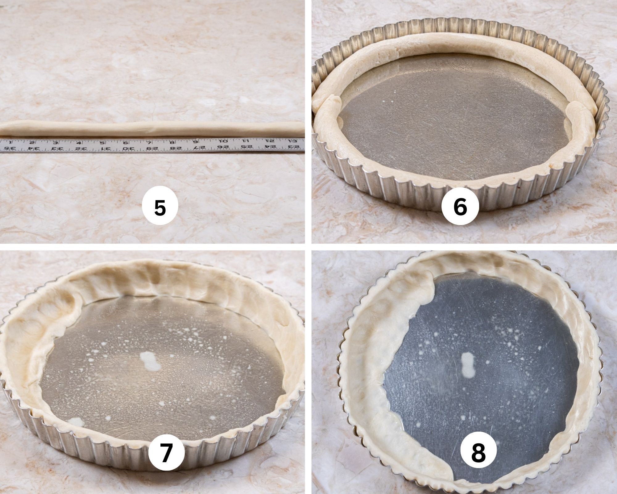 This collage shows the dough being rolled into a rope and lining the side of the tart tin, pressed against the the side and then extended out toward the center. 