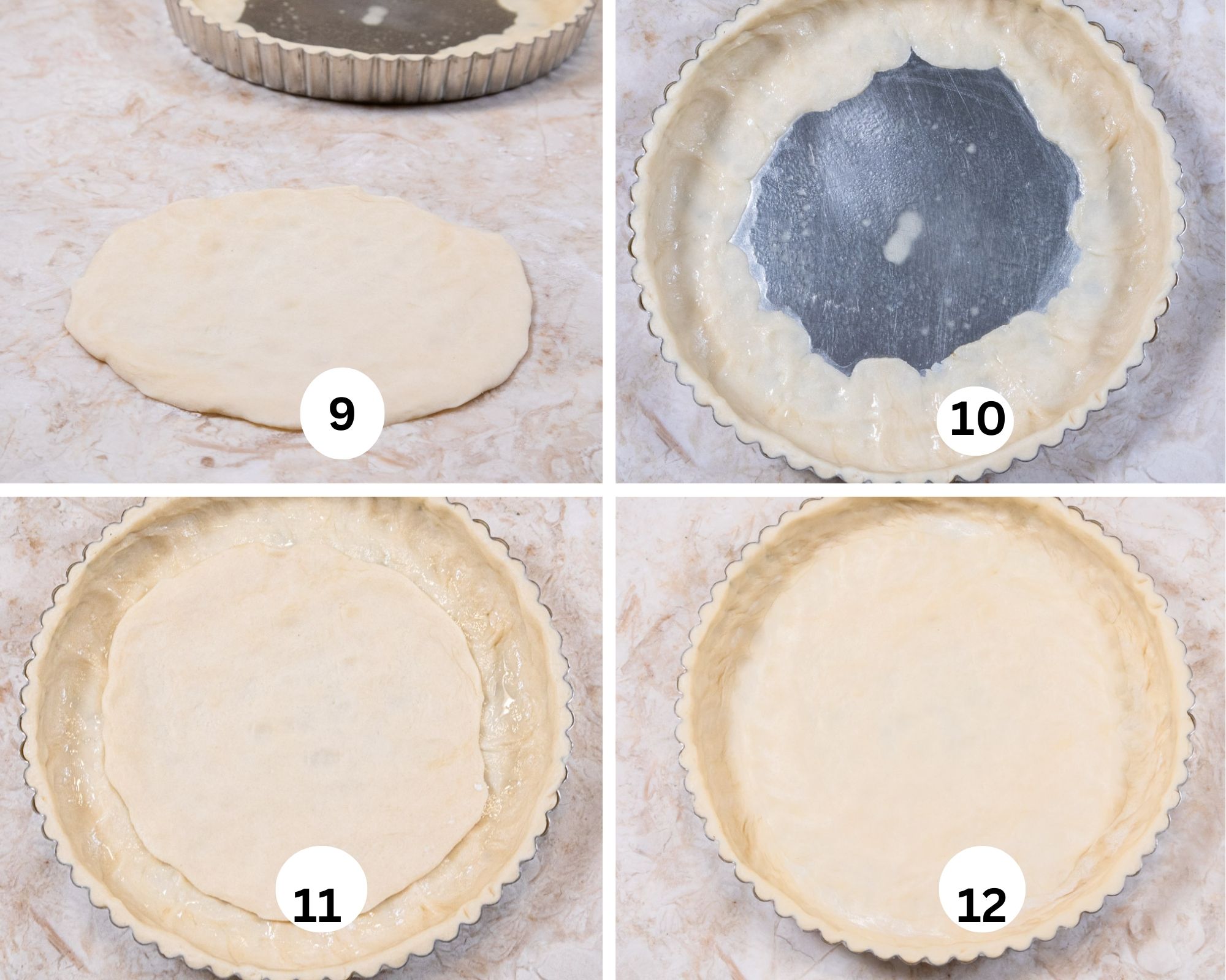 These four photos depict the last piece of dough in a circle, the extended dough in the pan moistened, the round of dough placed in the center of the pan and the crust finished. 