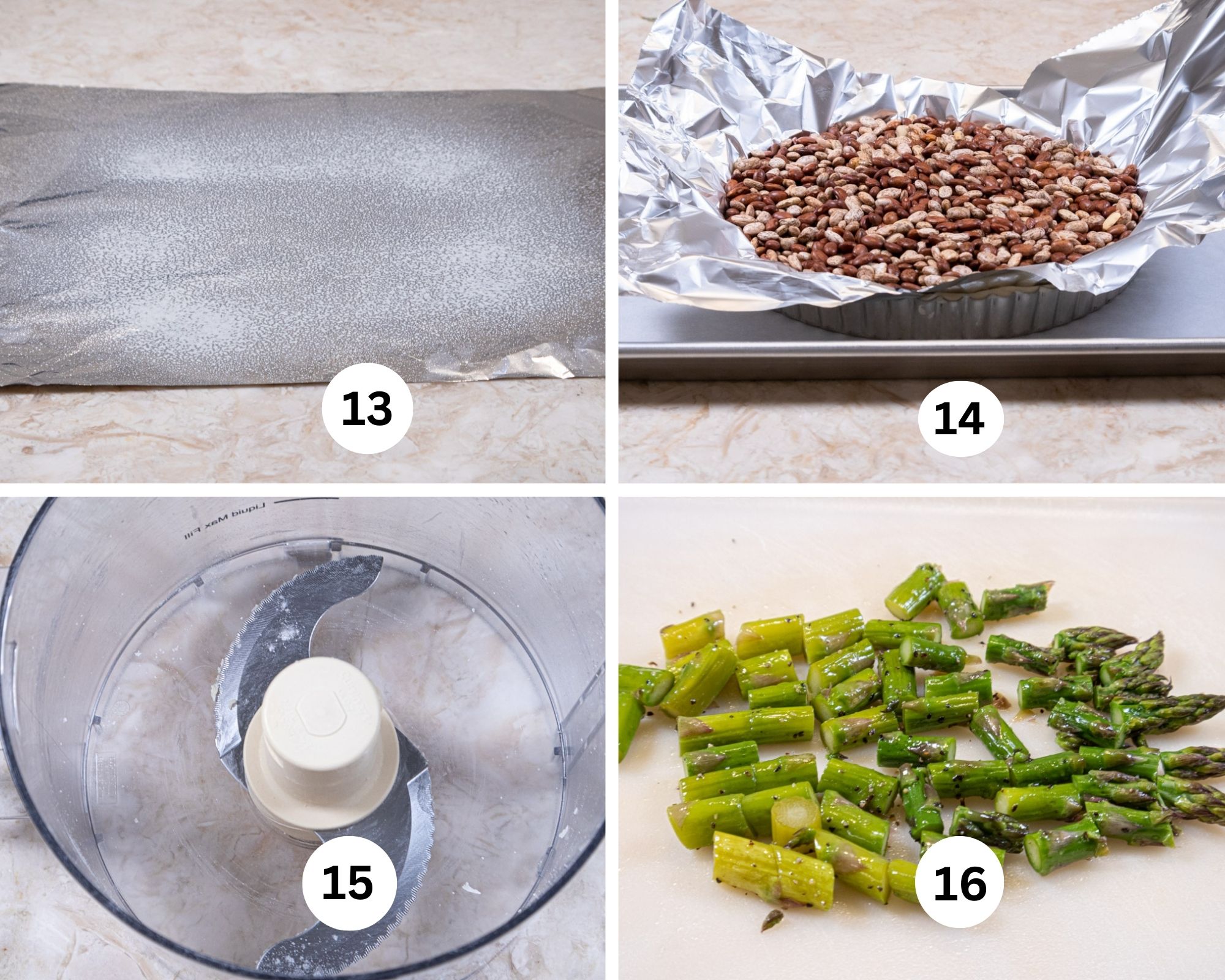 This collages hows apiece of foil sprayed with a non-stick baking release, covering the crust with beans inside it, the processor wiped clean and the asparagus cut.  