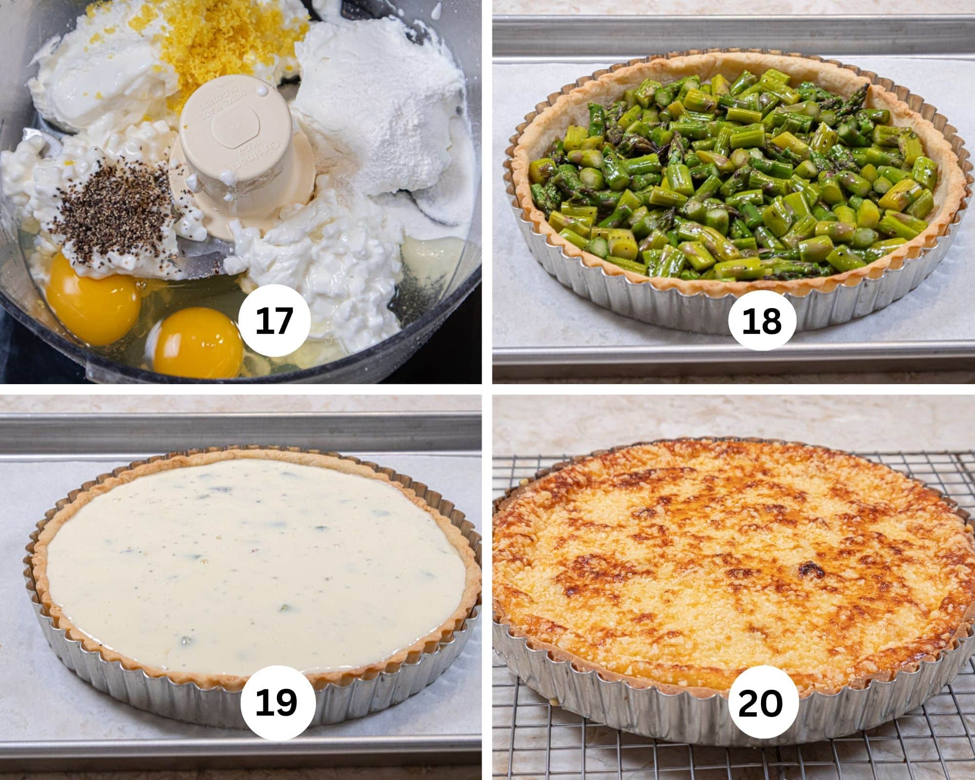 The last collages shows the liquid ingredients  in the processor, the asparagus in the crust, the liquid filling poured into the crust and the tart baked. 