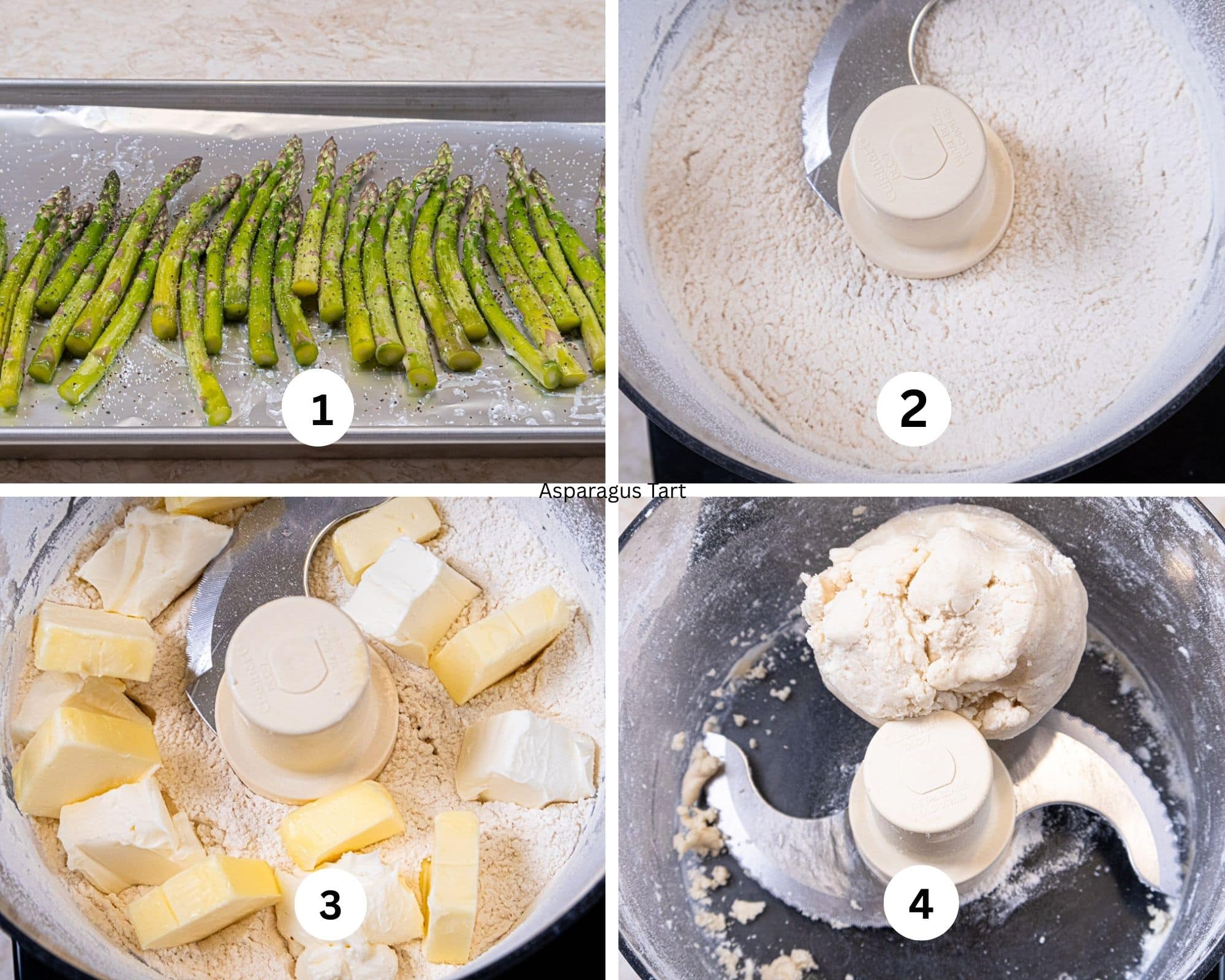 The first collages shows the roasted asparagus, the flour and salt mixed in the processor, the ubtter and cream cheese added and the crust dough balled up. 