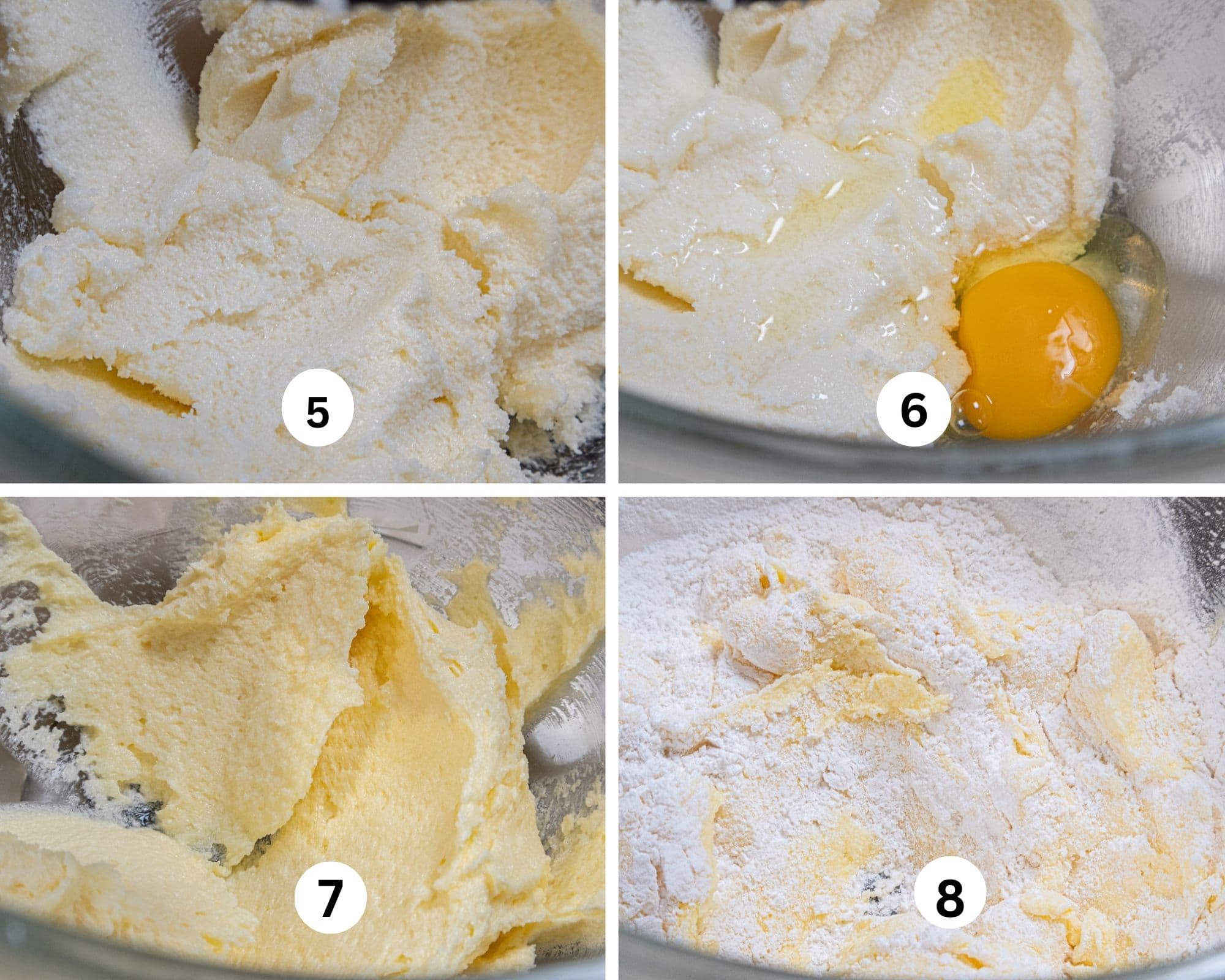 This collage shows the butter and sugar creamed, the first egg added, and mixed in, and the first addition of flour.