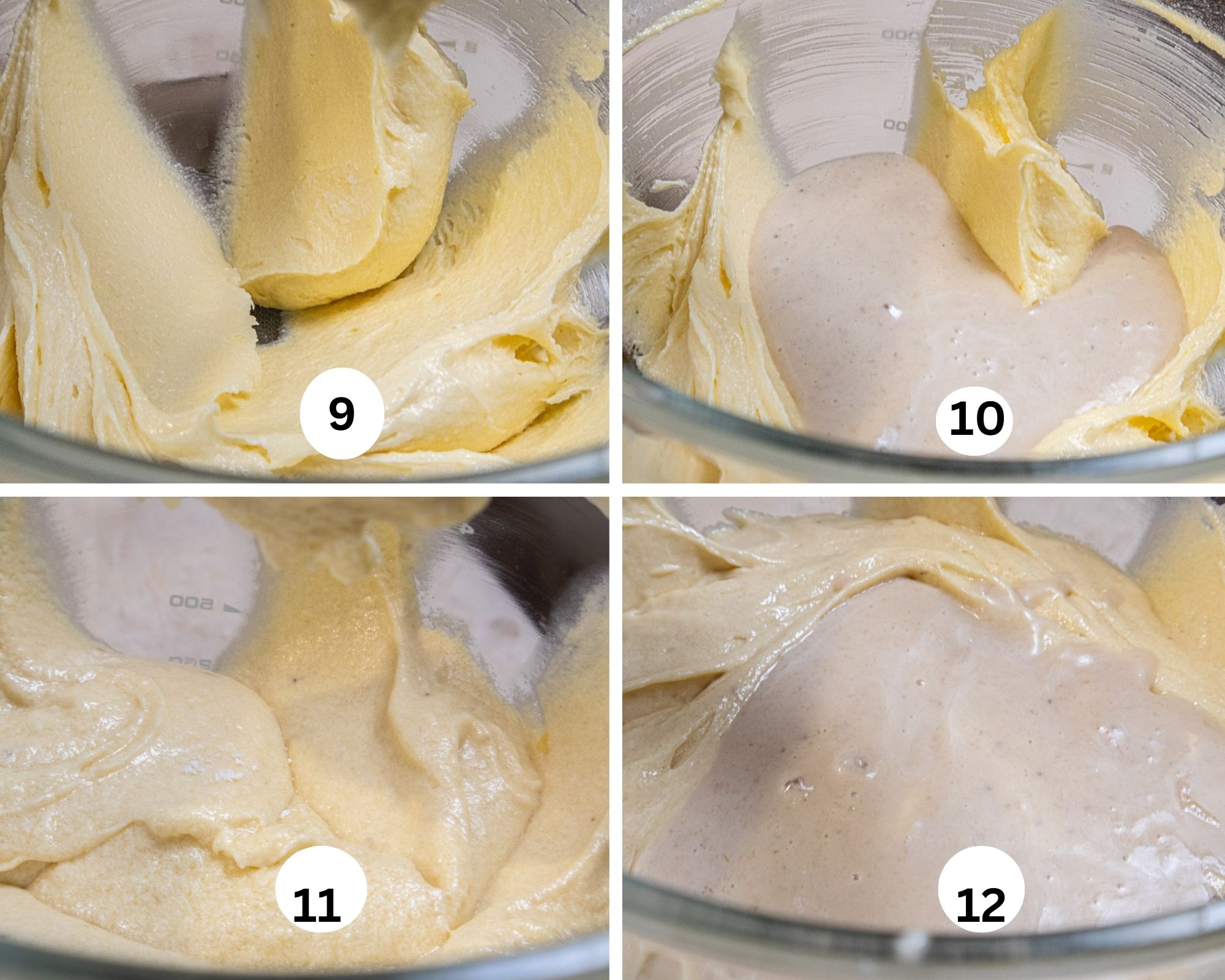 This collages shows the first addition of flour beaten in, the first addition of banana puree added and beaten in and the second addition of flour added.