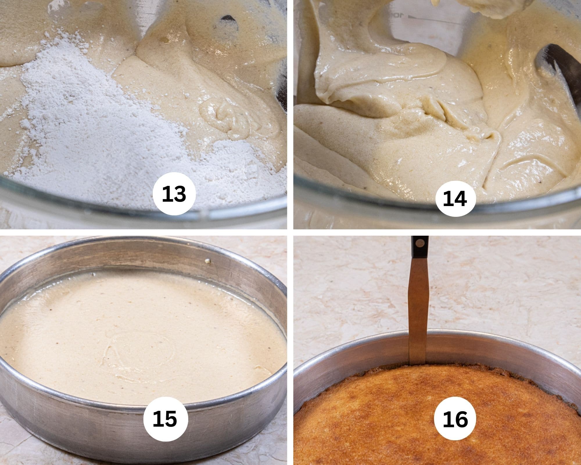 The last addition of flour is added, the batter is finished, then divided between the two pans and the baked layer is being released from the pan.