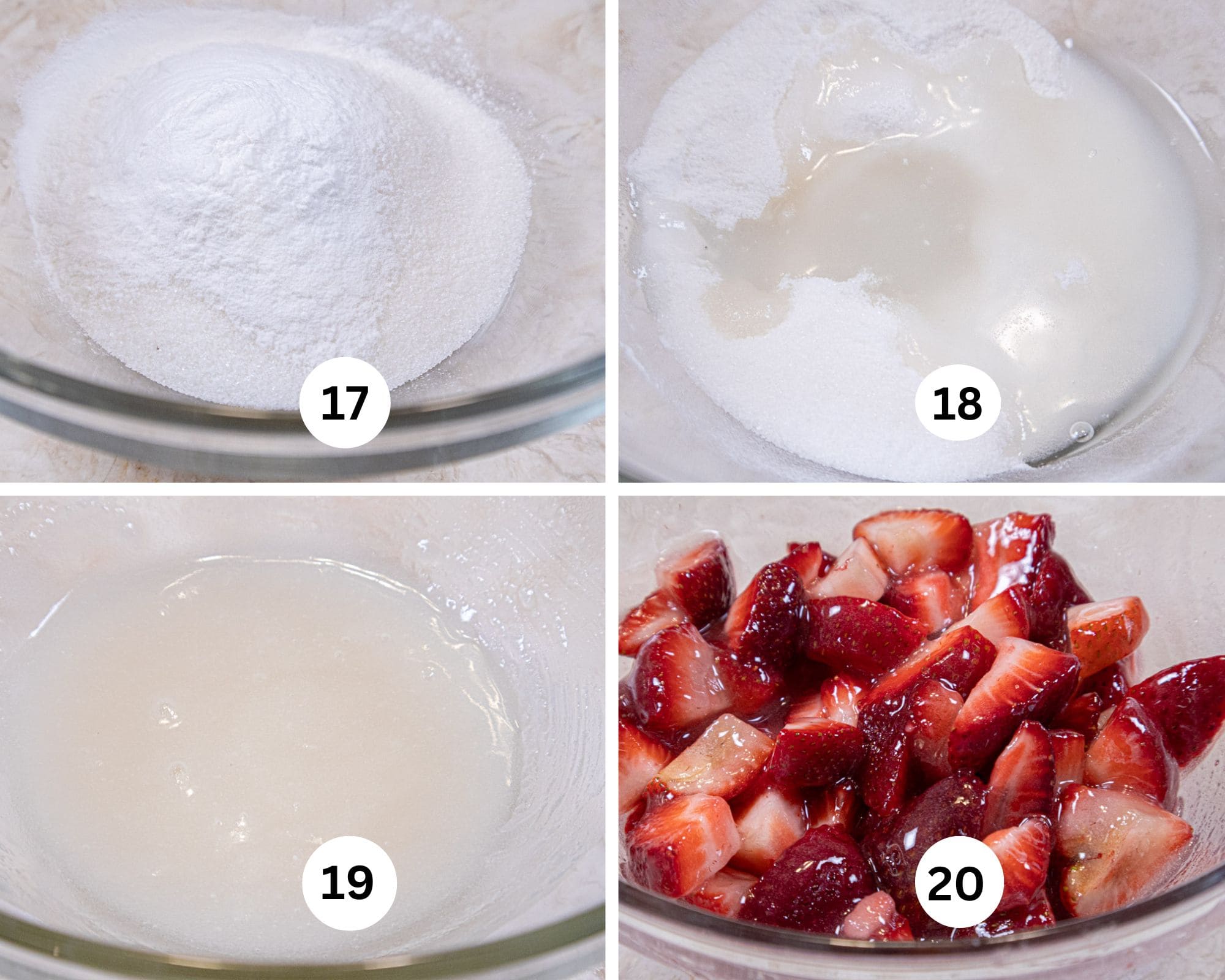 This collage s hows the sugar and clearjel in a bowl, the water added and then mixed with the cut strawberries mixed with the clearjel.